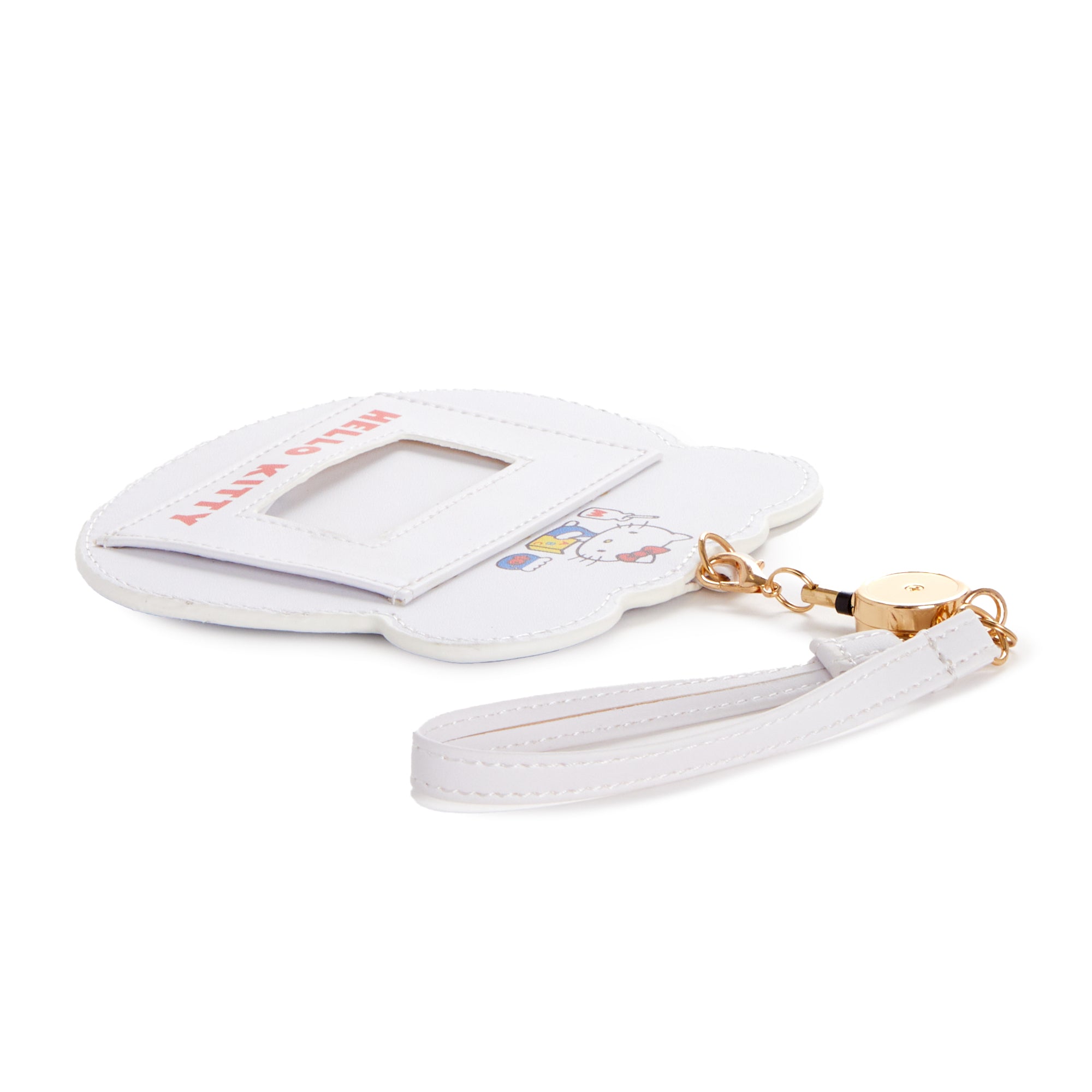 Open Hello Kitty card case displaying clear ID window and key reel.