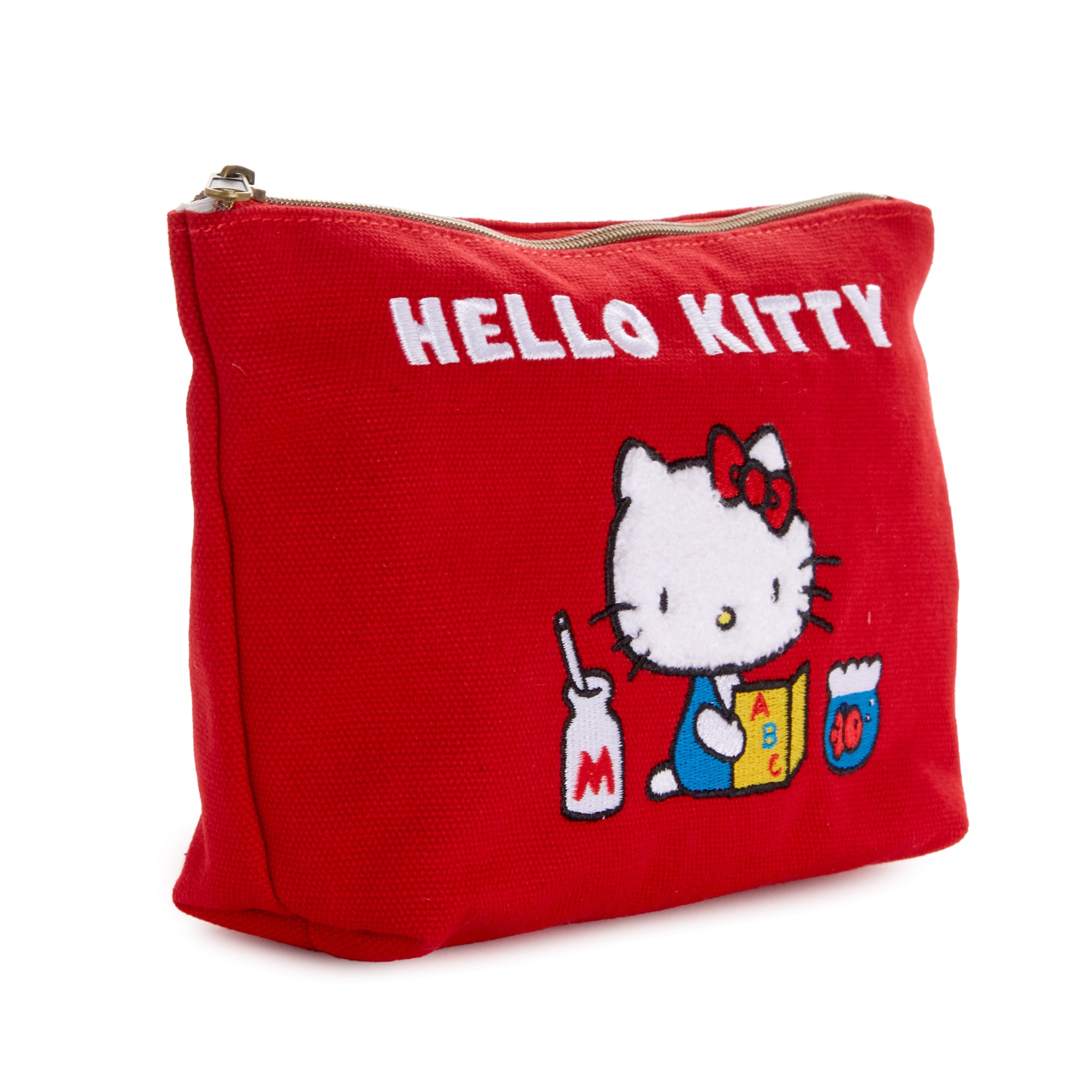 Close-up of the embroidered Hello Kitty design on the red zipper pouch