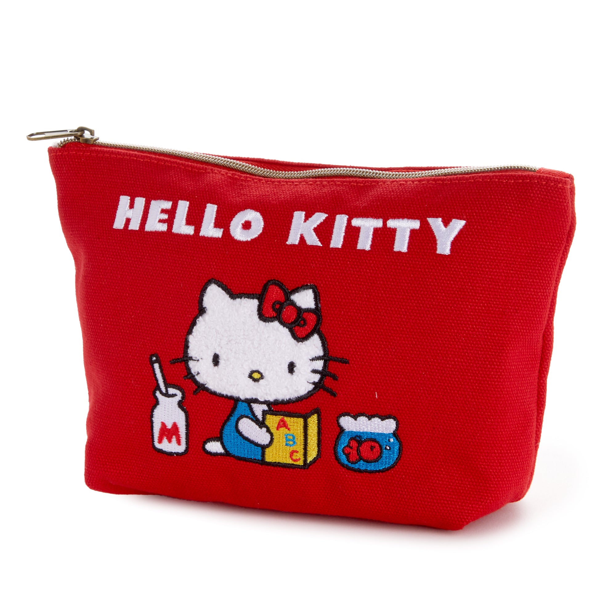 The red Hello Kitty zipper pouch open, showing its printed internal lining and storage capacity