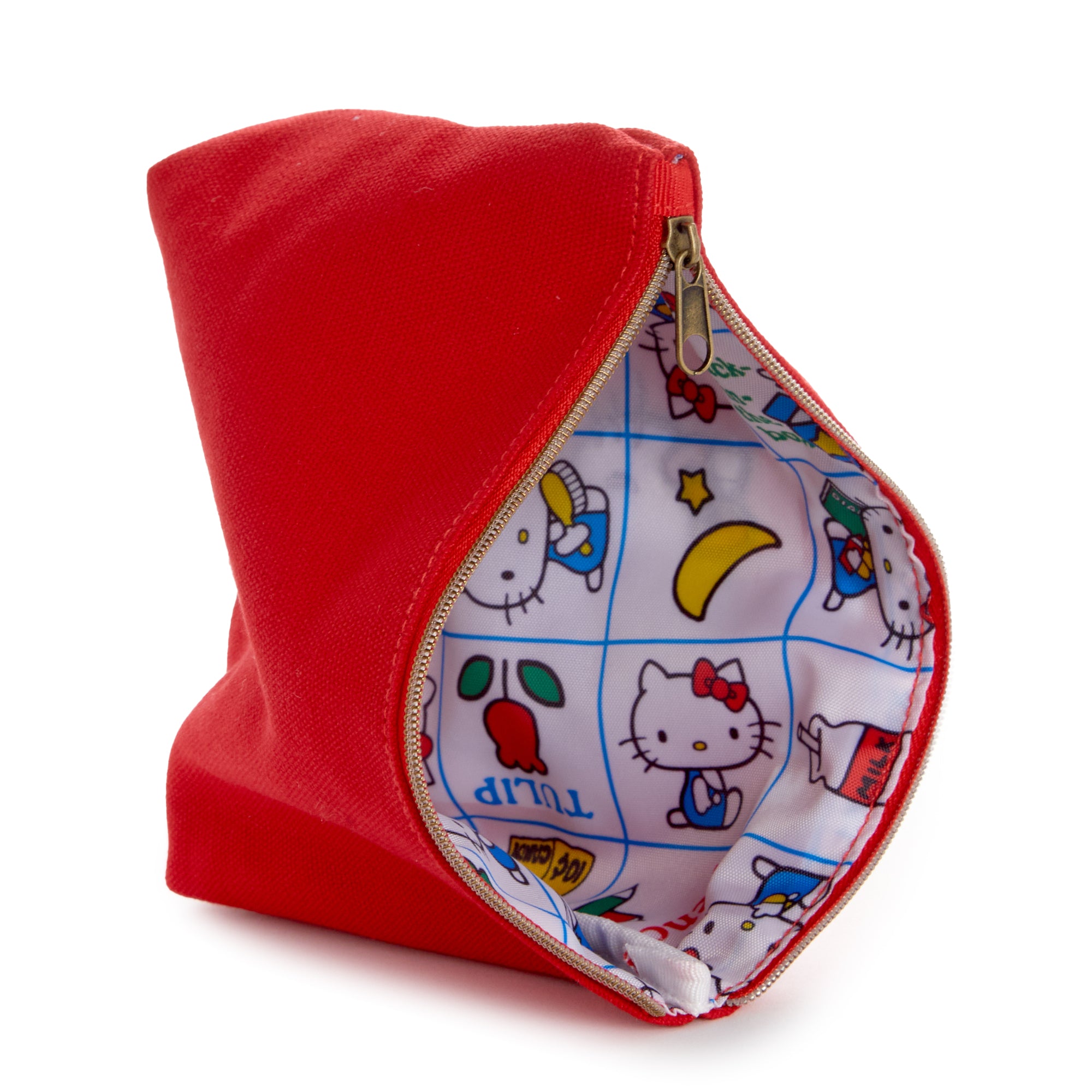 Hello Kitty red zipper pouch with printed internal lining and chenille character patch