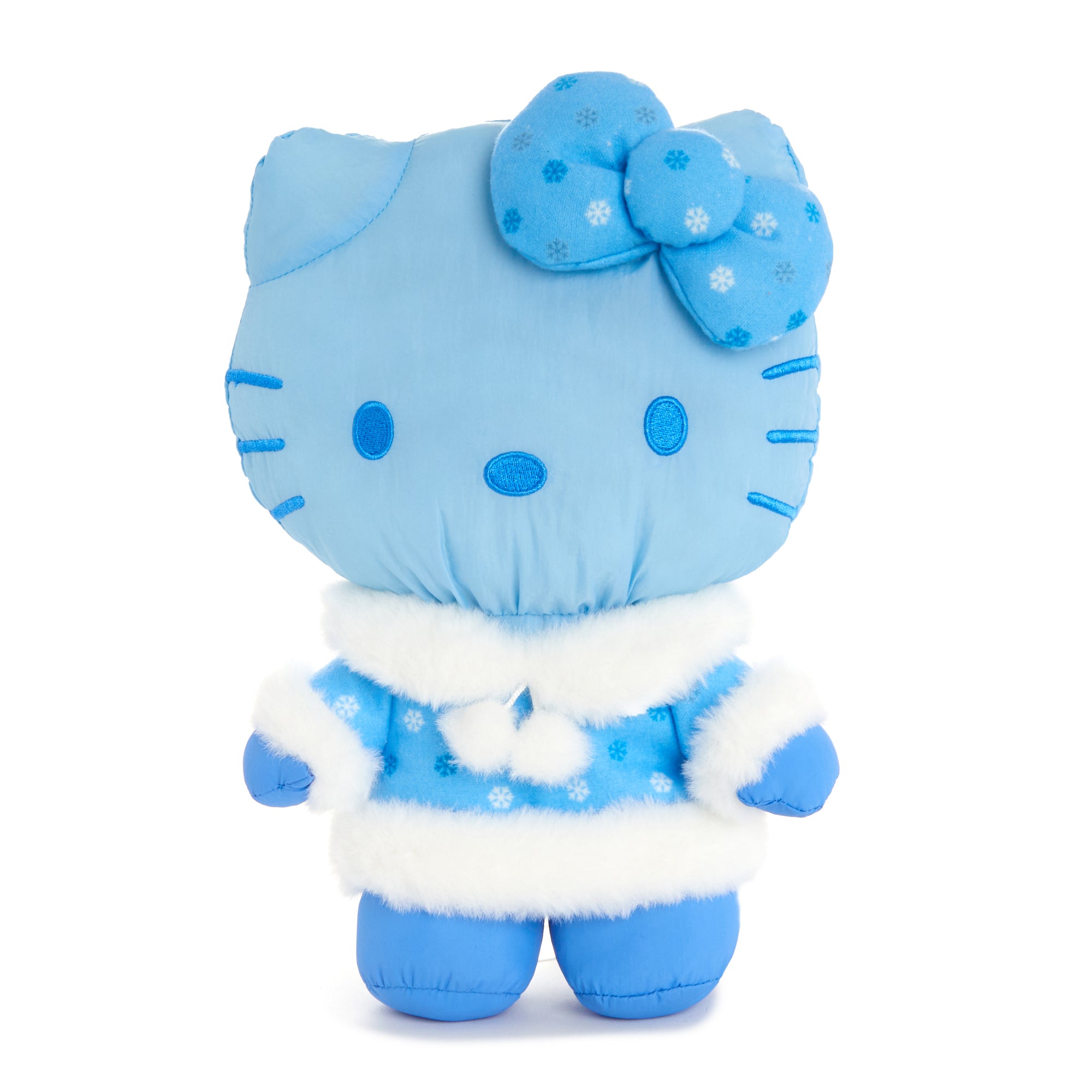 Hello Kitty plush with winter print and embroidered details, perfect for Sanrio fans