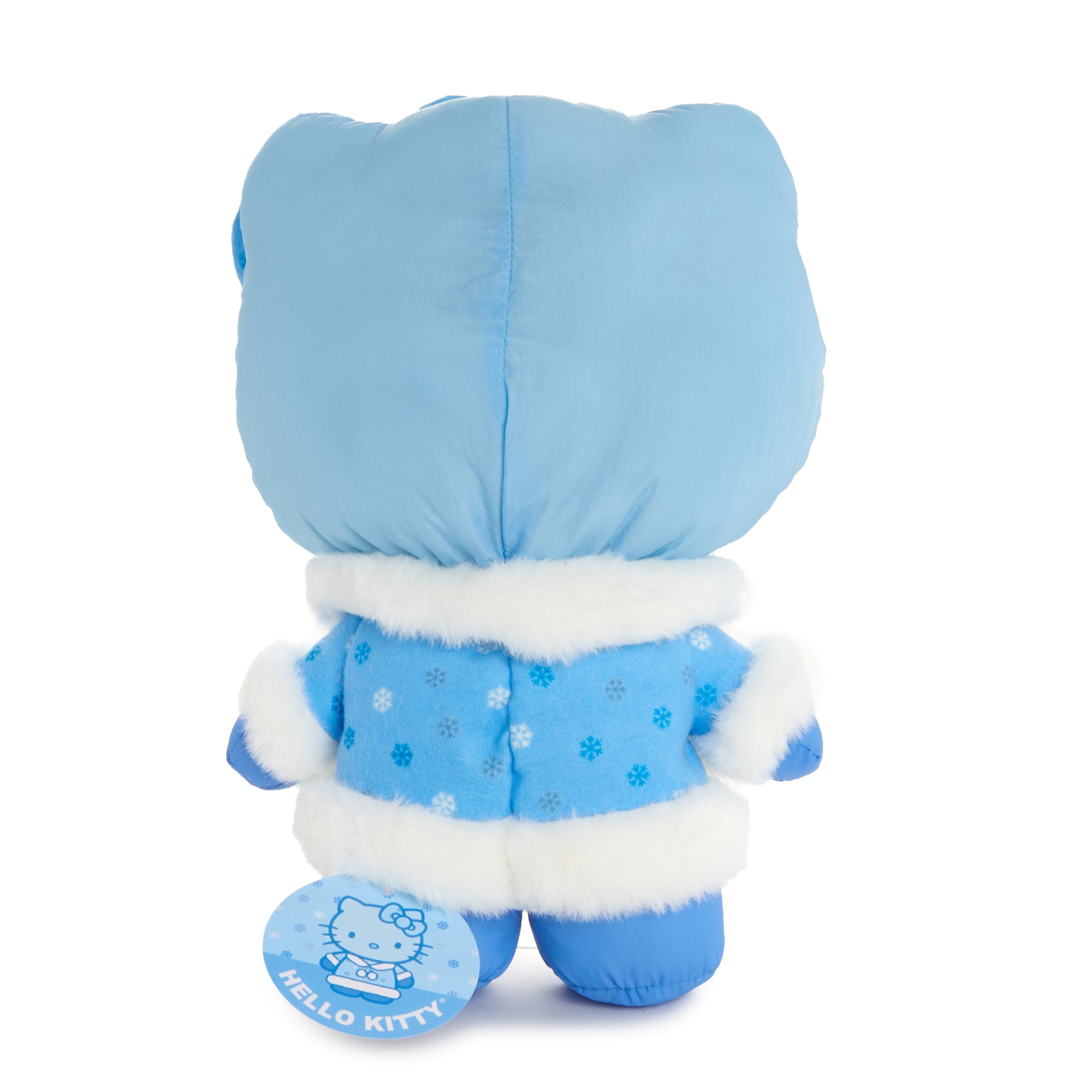 Hello Kitty plush with winter print and embroidered details, perfect for Sanrio fans