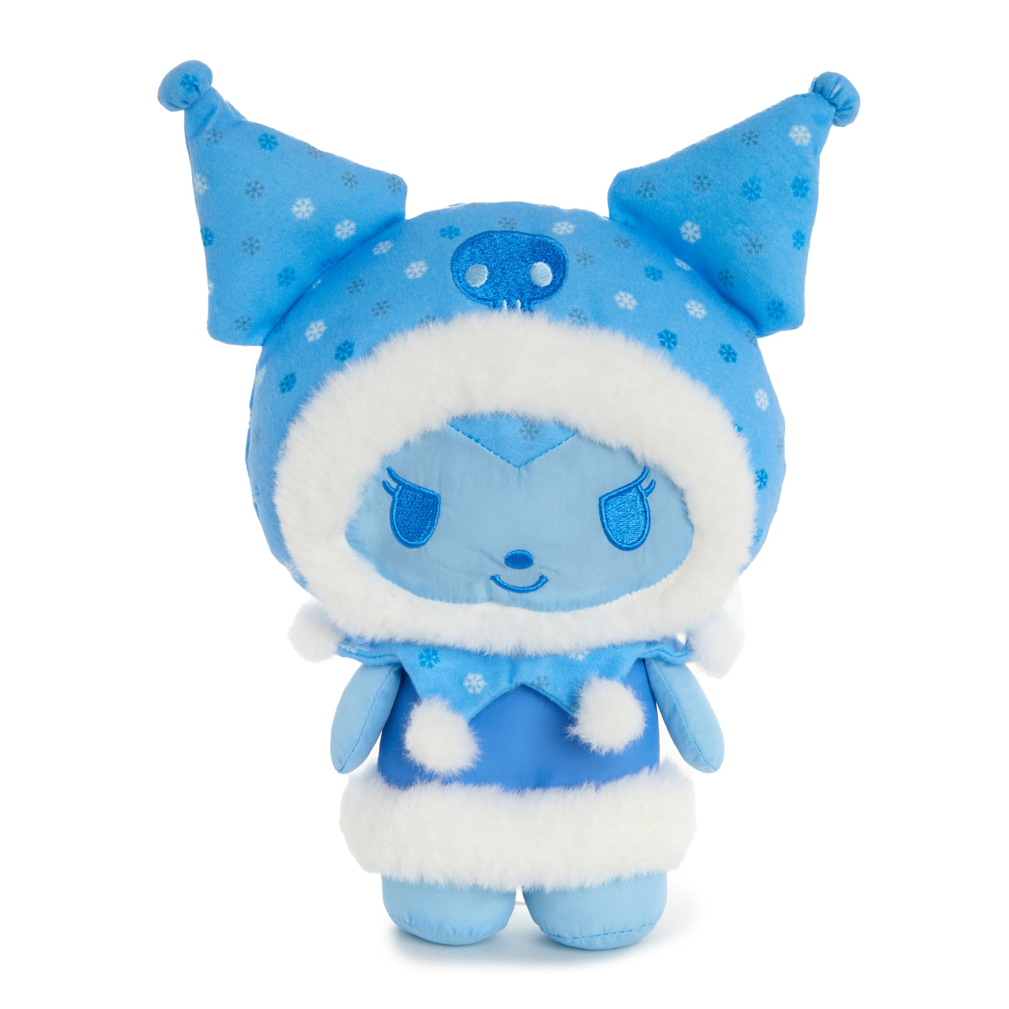 Front view of Winter Kuromi plush doll in mocha tones, resting on a snowy windowsill