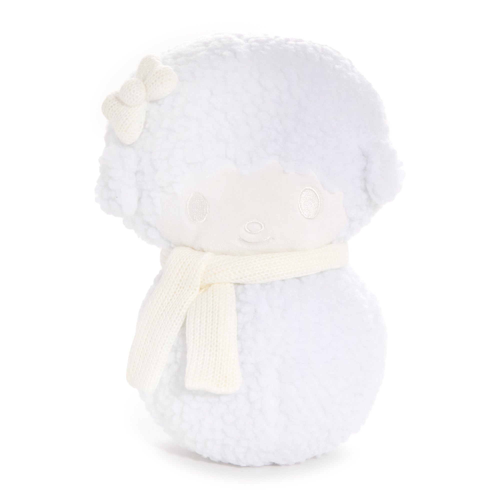 Close-up of the Sanrio My Sweet Piano Holiday Snowman Plush, showing embroidered details.