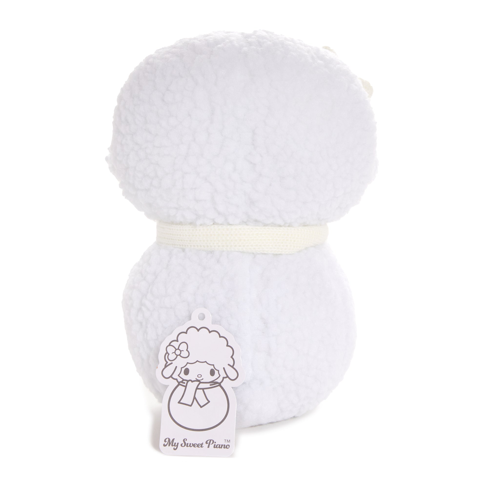 Close-up of the Sanrio My Sweet Piano Holiday Snowman Plush, showing embroidered details.
