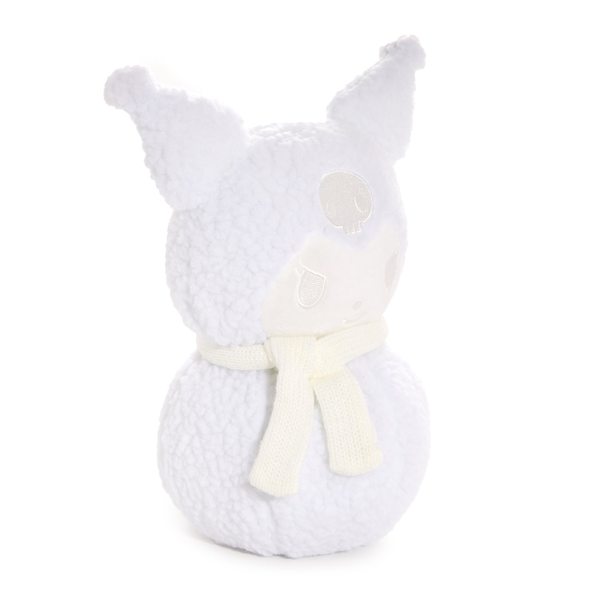 Kuromi Holiday Snowman Plush being hugged, demonstrating its cuddly nature.