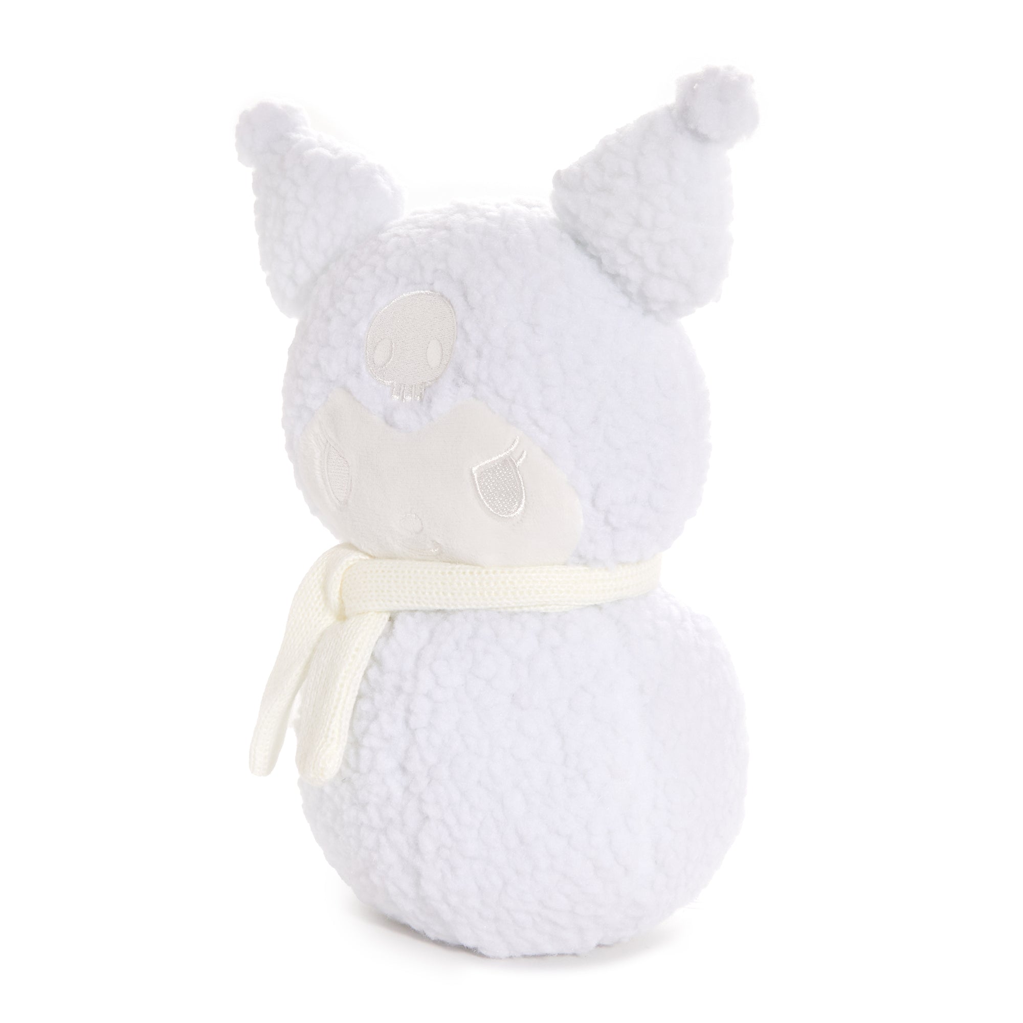 Kuromi Sanrio plush toy in a snowman design, highlighting its embroidered details.
