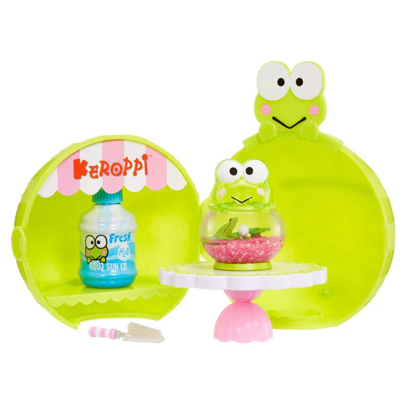 Completed MGA Miniverse Make It Mini Hello Kitty display case, featuring a Hello Kitty themed mini table and adorable collectible.