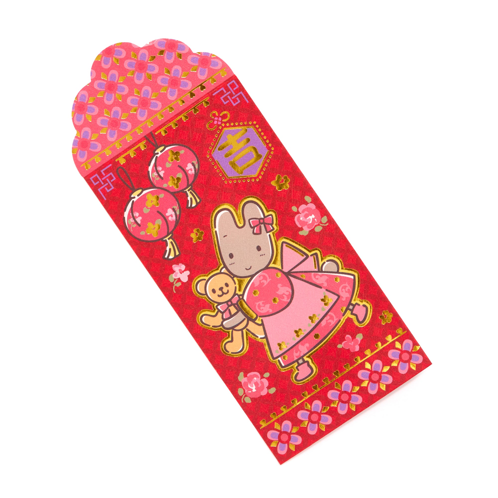 Close-up of Sanrio-style patterned red envelope with slip closure