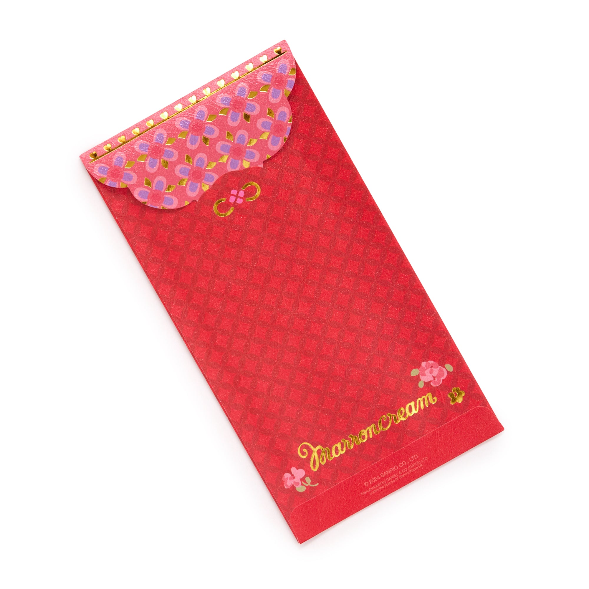 Close-up of Sanrio-style patterned red envelope with slip closure