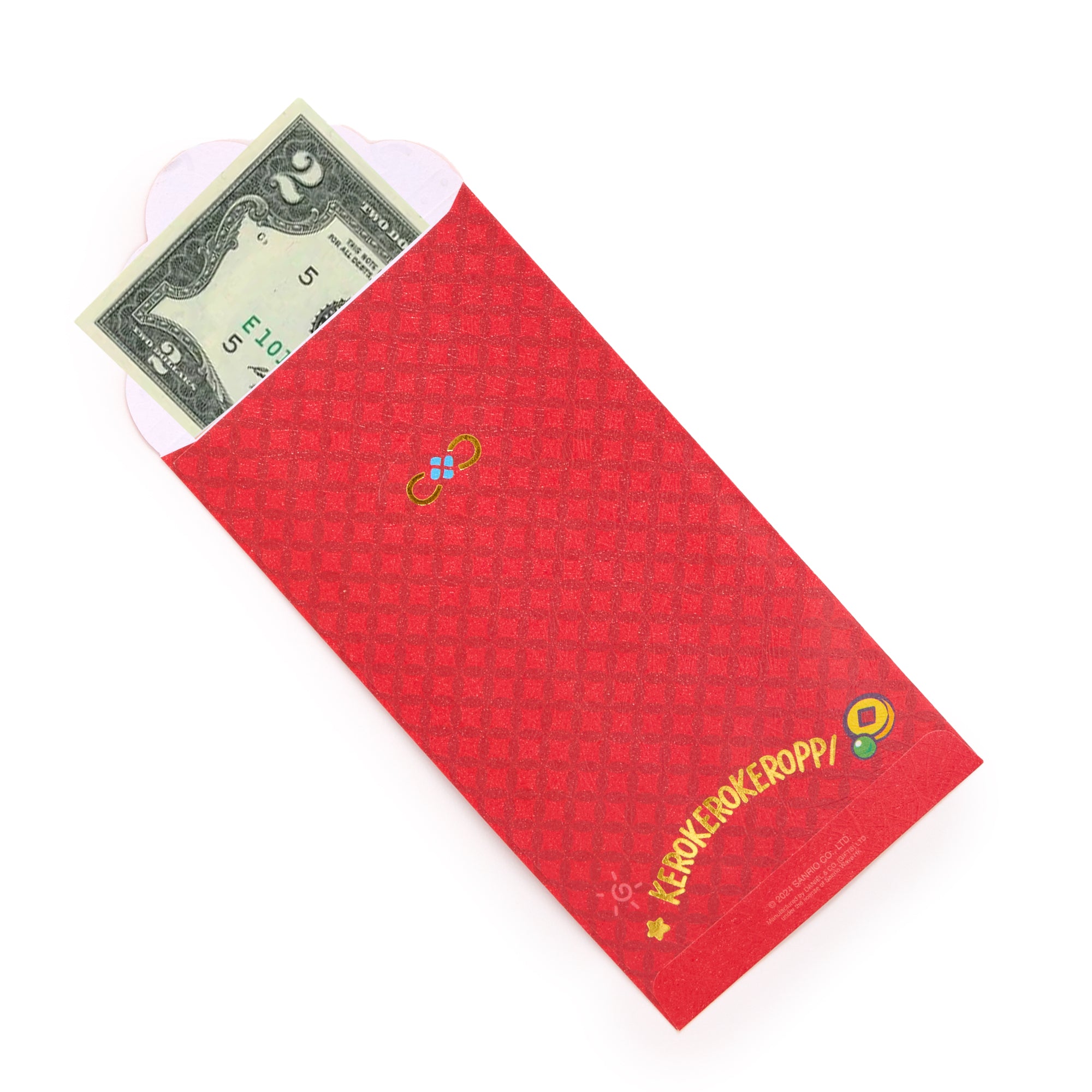 Close-up of Keroppi-themed red envelope with patterned slip closure for Lunar New Year
