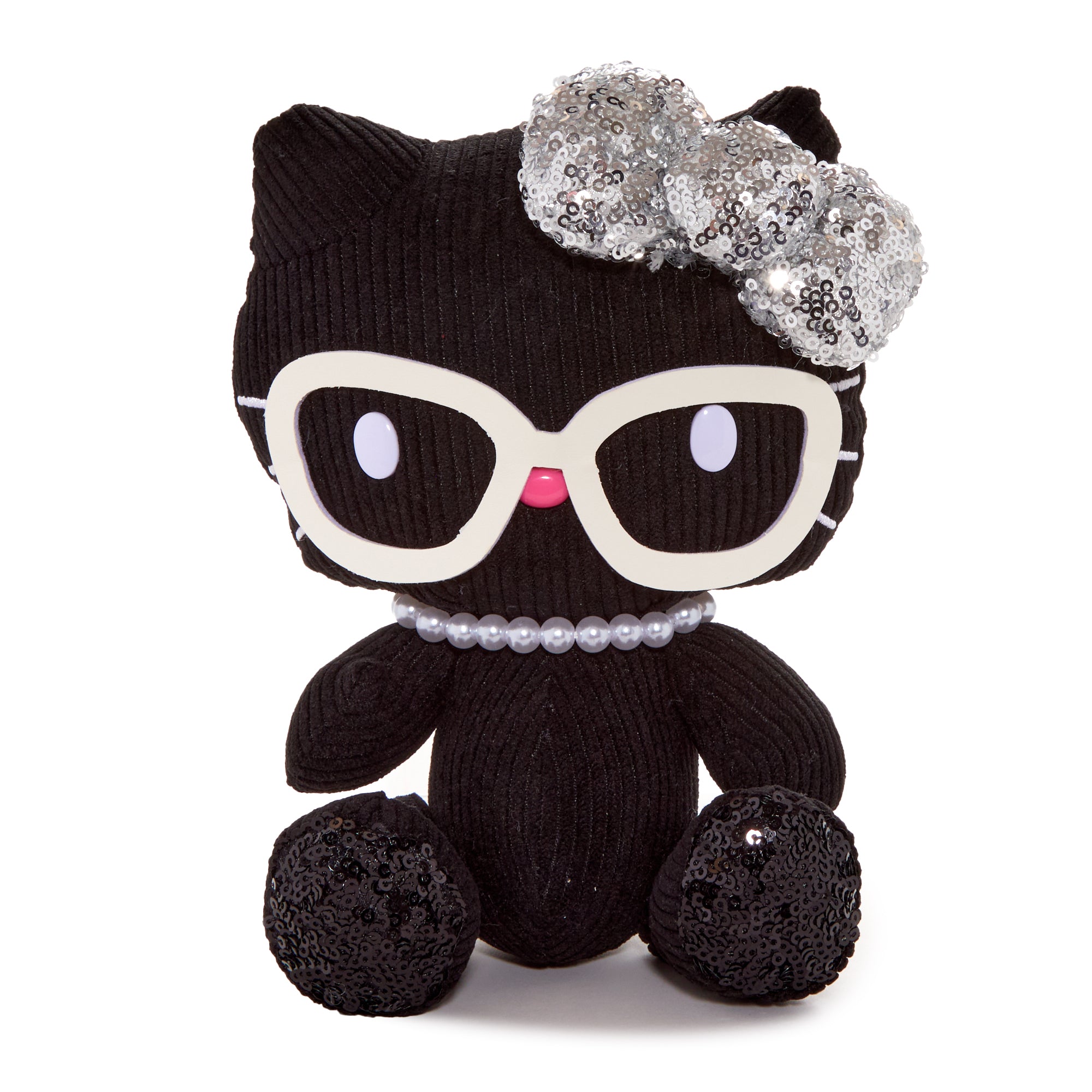 Close-up of Hello Kitty Jewel Plush Toy showing detailed embroidery and bows.