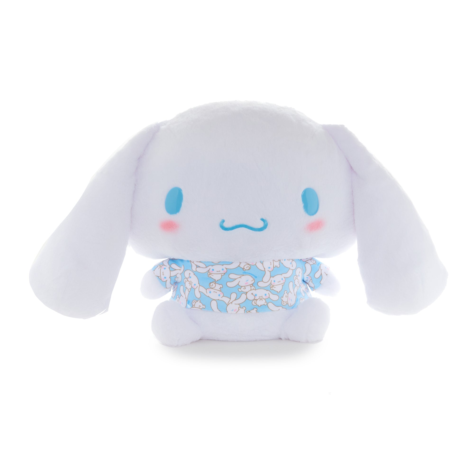 Close-up of Cinnamoroll plush toy’s embroidered face and soft fabric