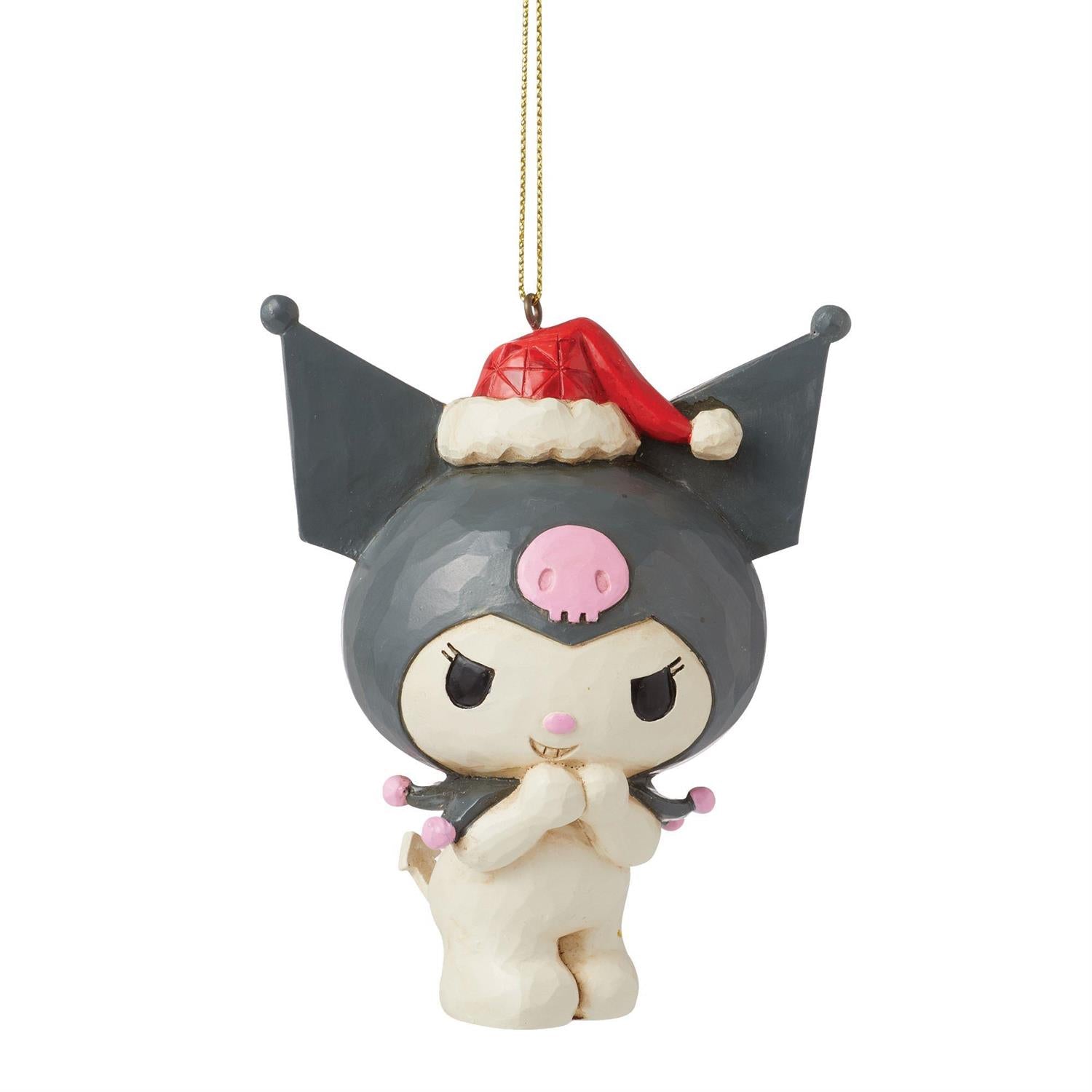Front view of Kuromi ornament in Santa hat hanging on a decorated Christmas tree – great custom christmas ornament.