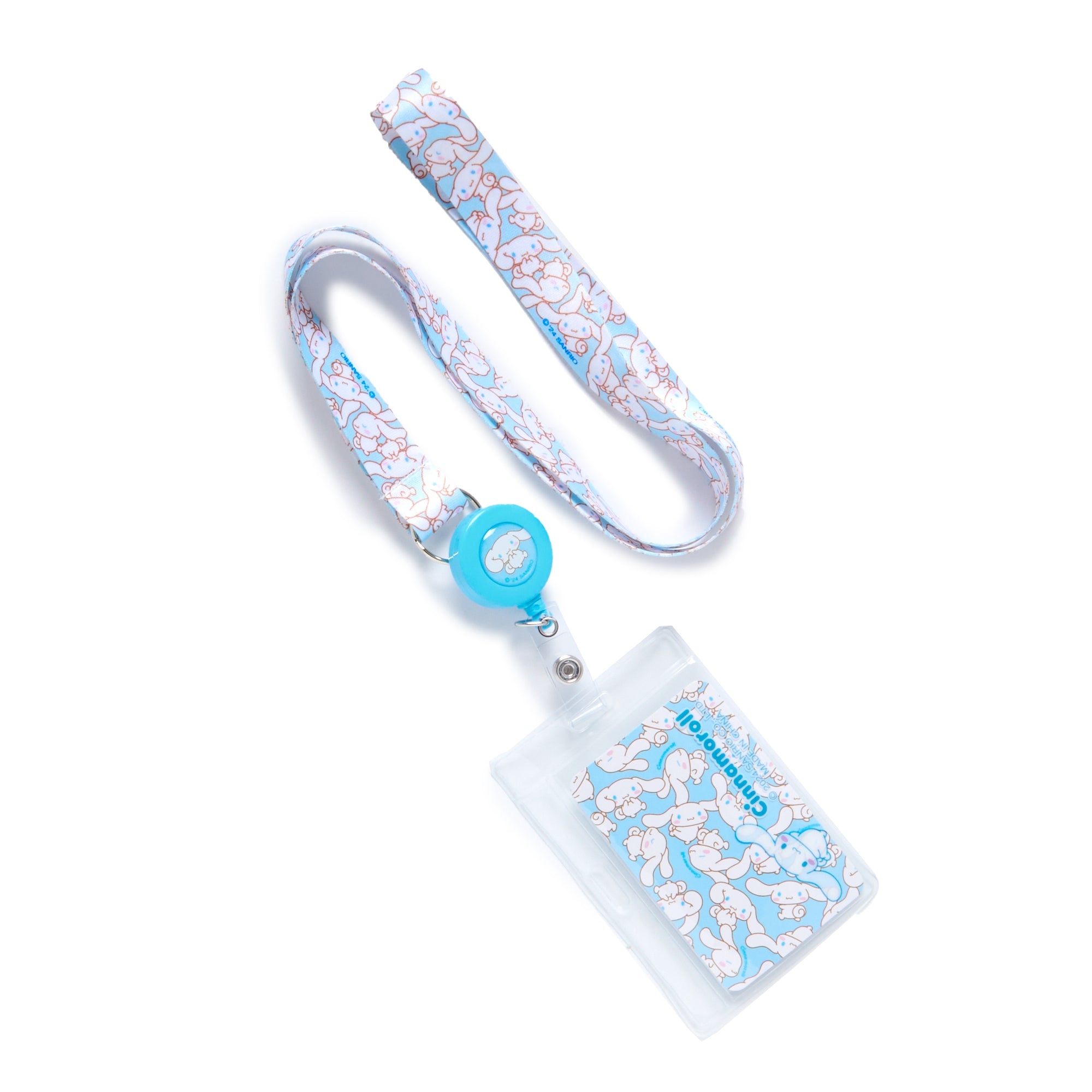 Colorful Cinnamoroll ID badge holder with Sanrio all-over print pattern