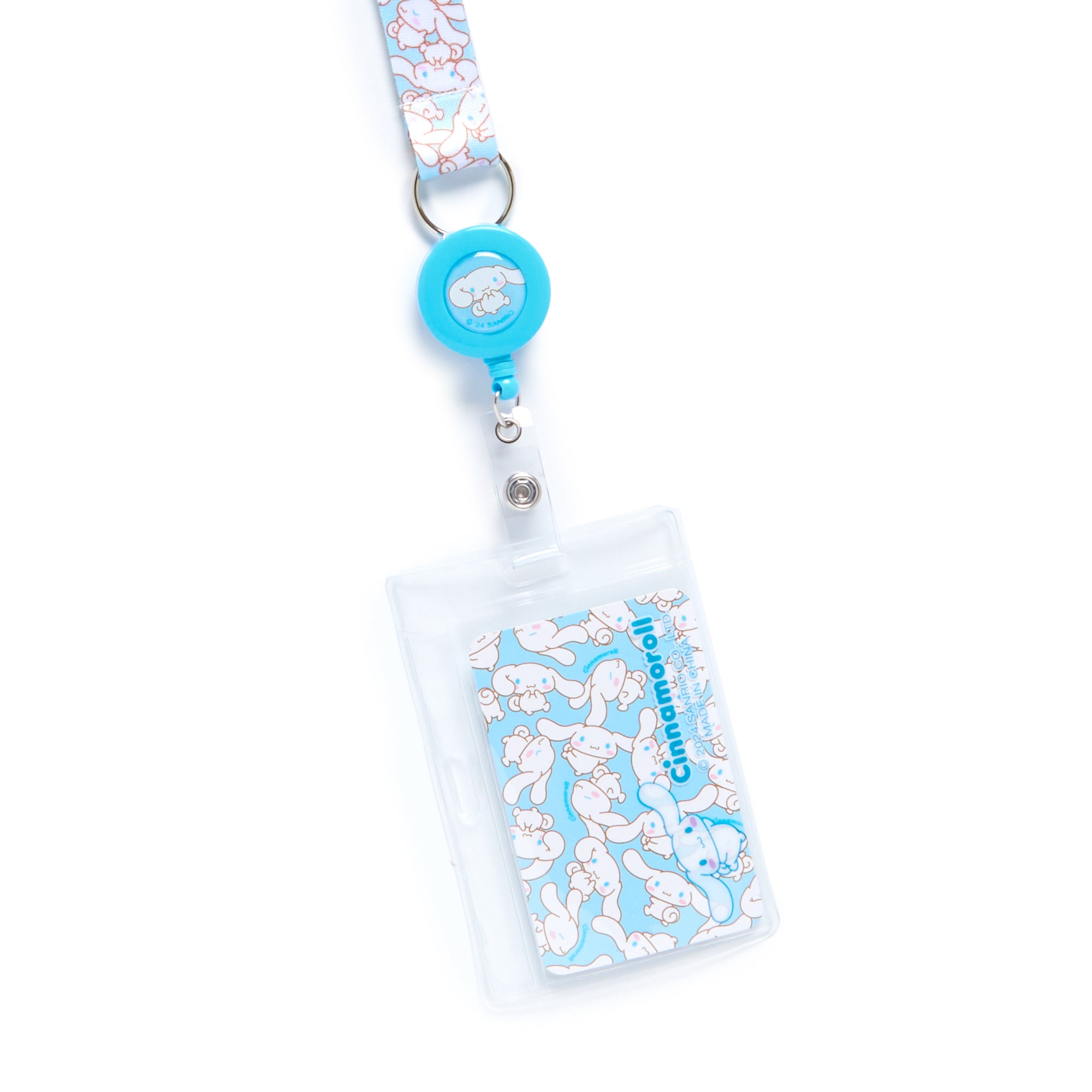 Colorful Cinnamoroll ID badge holder with Sanrio all-over print pattern