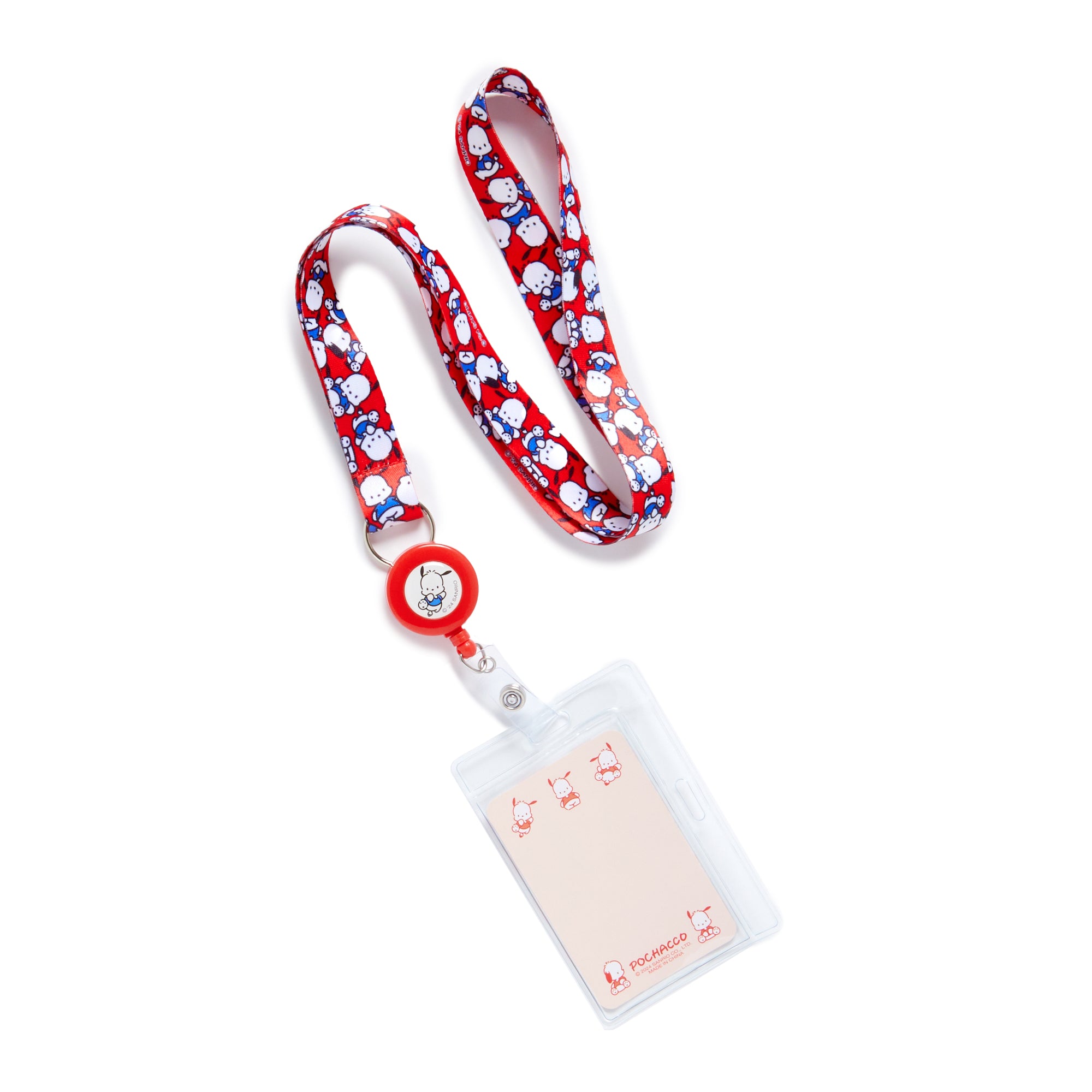 Close-up of Pochacco ID badge holder clip with clear window