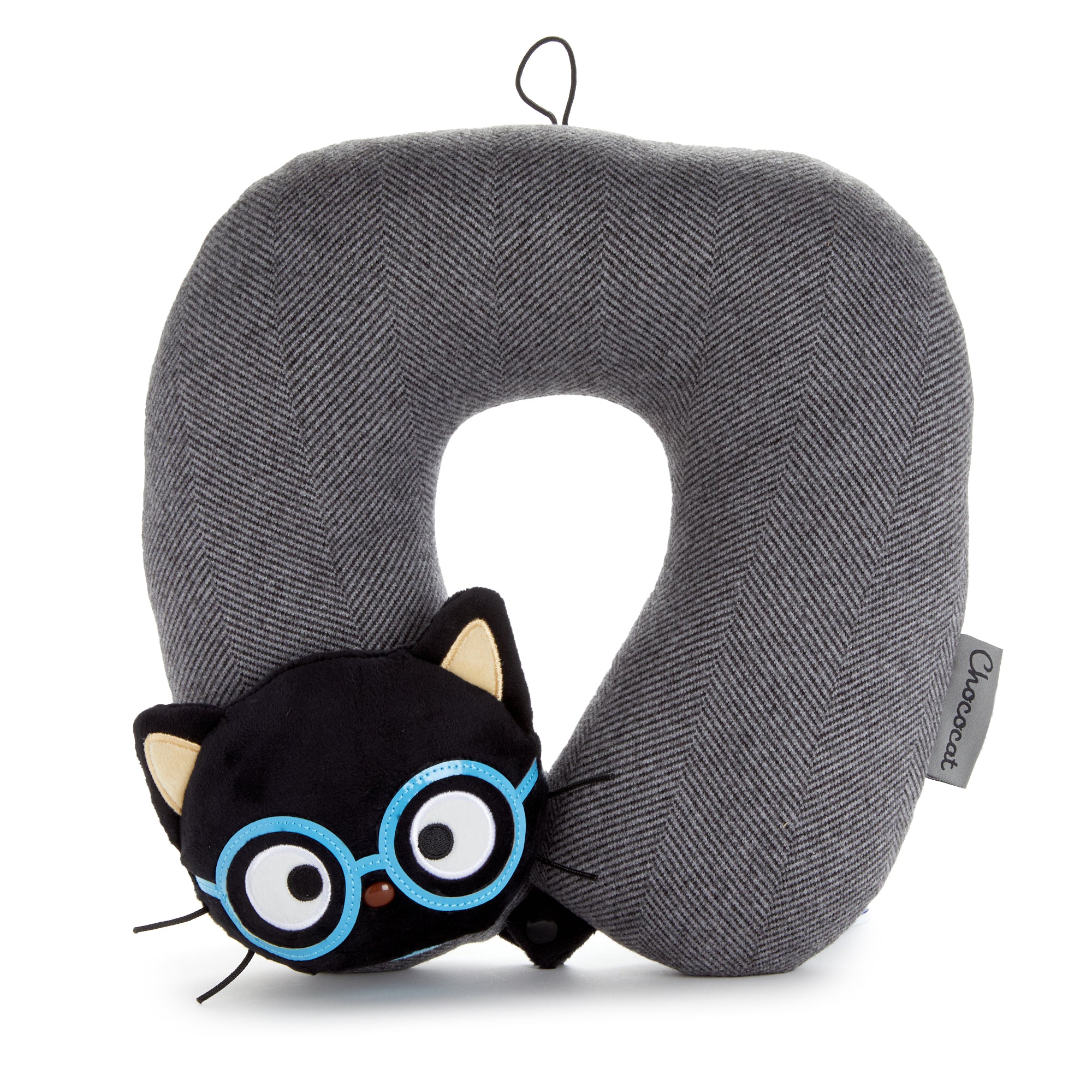 Front angle view of Chococat pillow with bright blue glasses in tweed finish.