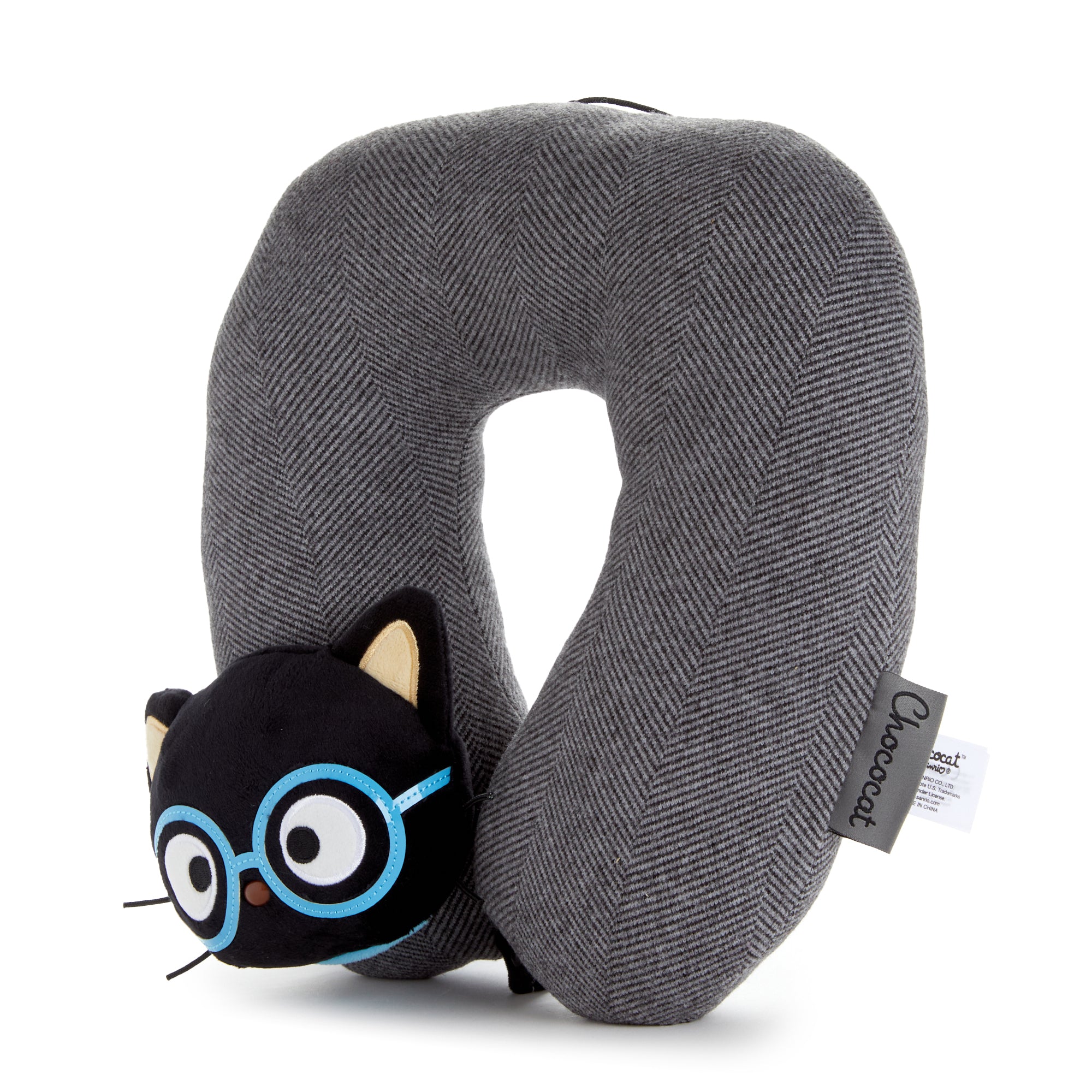 Side profile of travel neck pillow showing snap closure and loop feature.