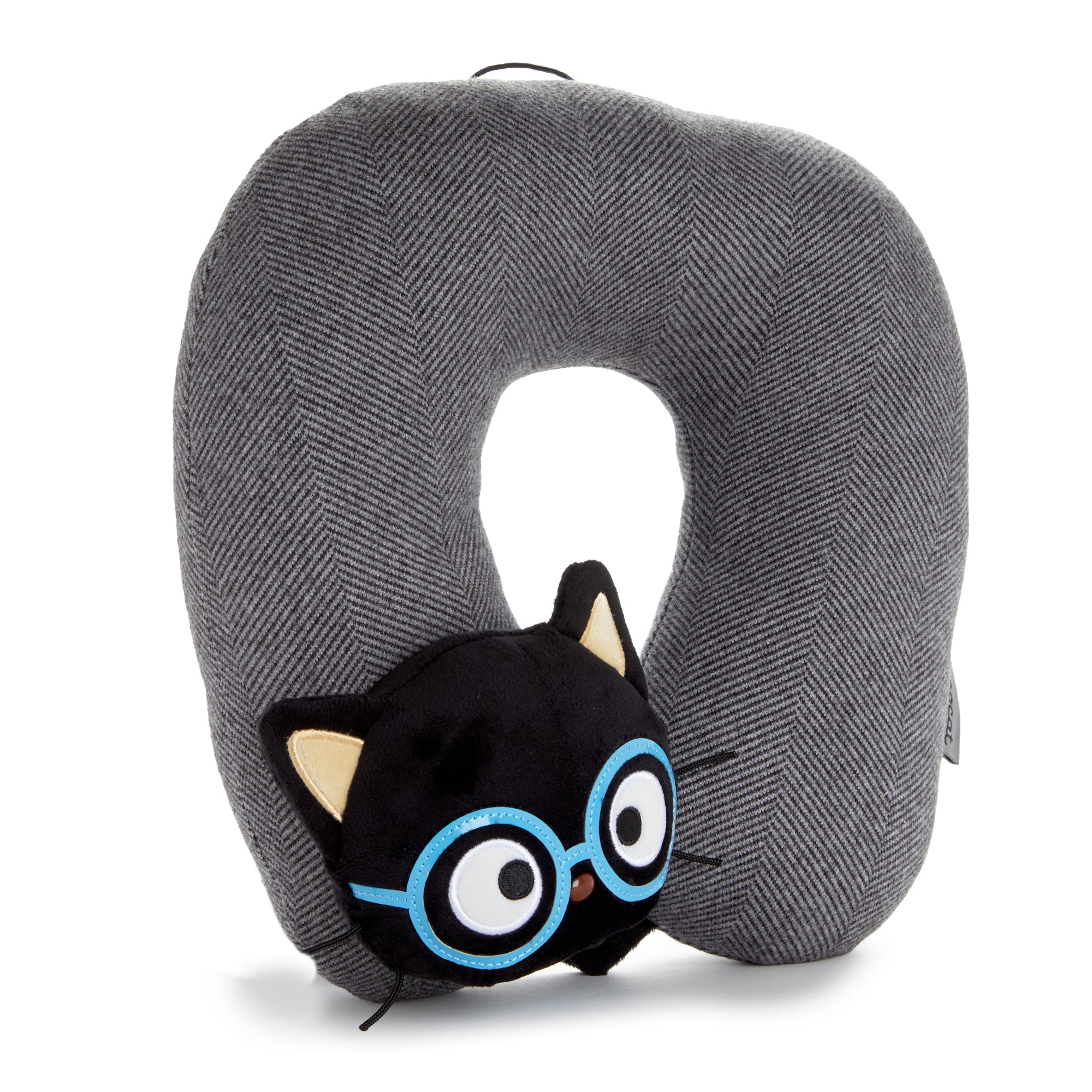 Chococat pillow resting on winter luggage — perfect neck support for long flights.