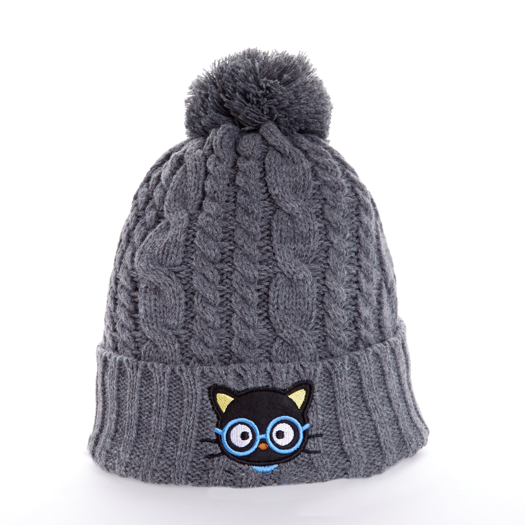 Chococat knit beanie folded, showing tweed texture and blue glasses detail