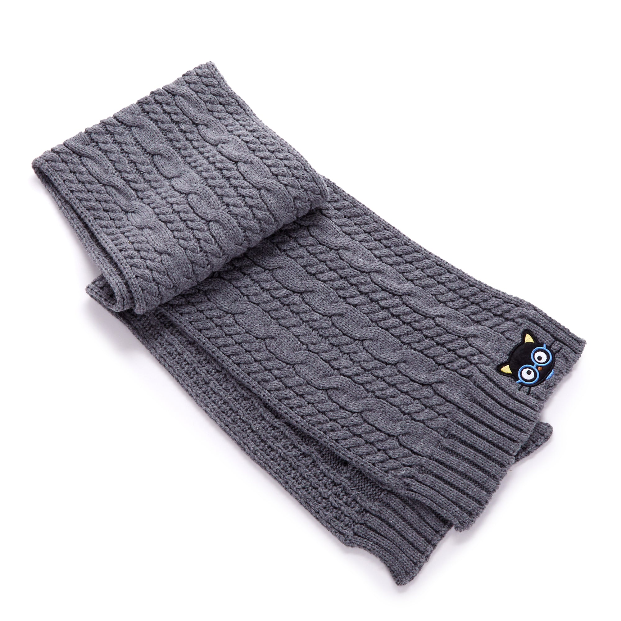 Front view of Chococat knit scarf folded with patterned tweed texture