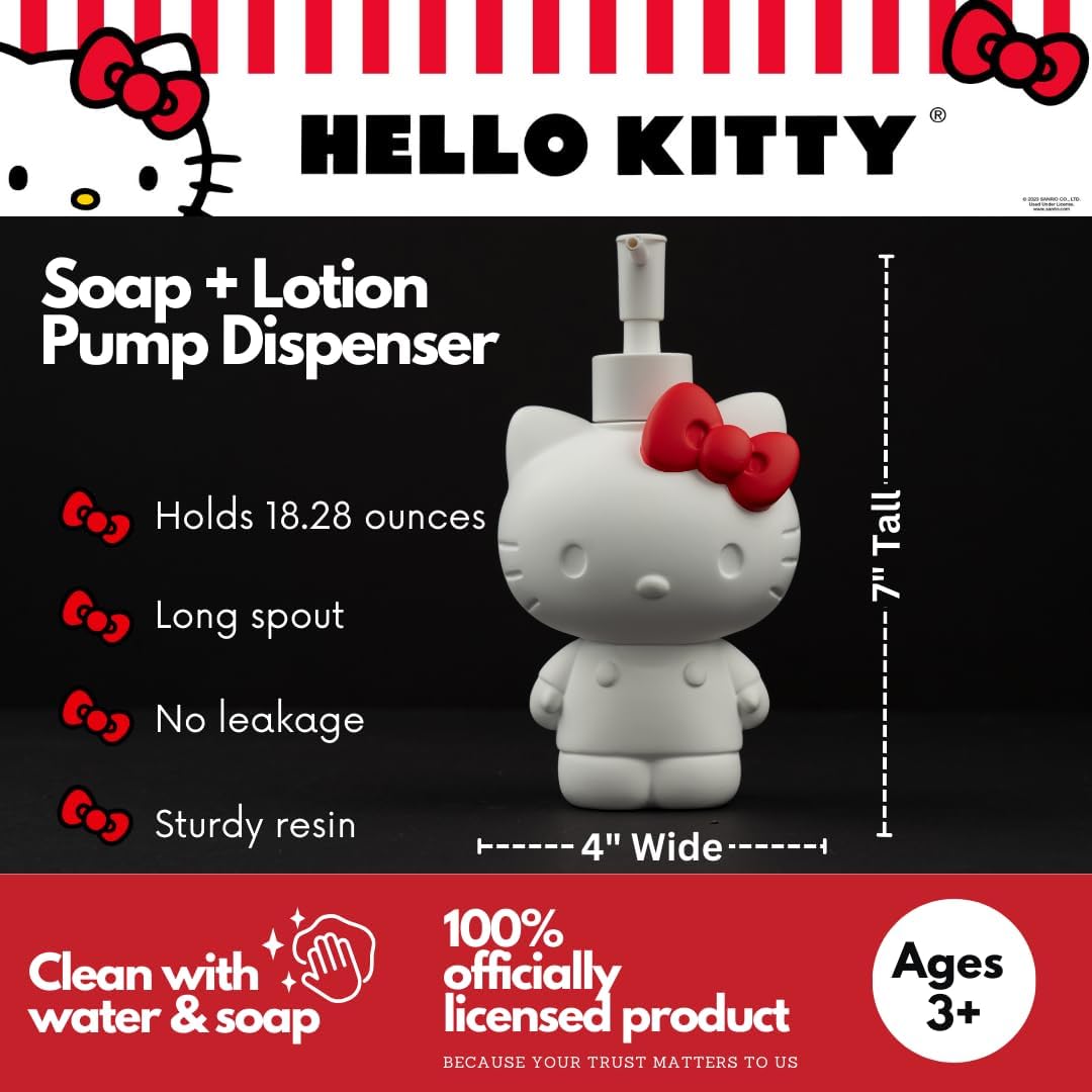 Close-up of Hello Kitty soap pump with matte finish and bow.