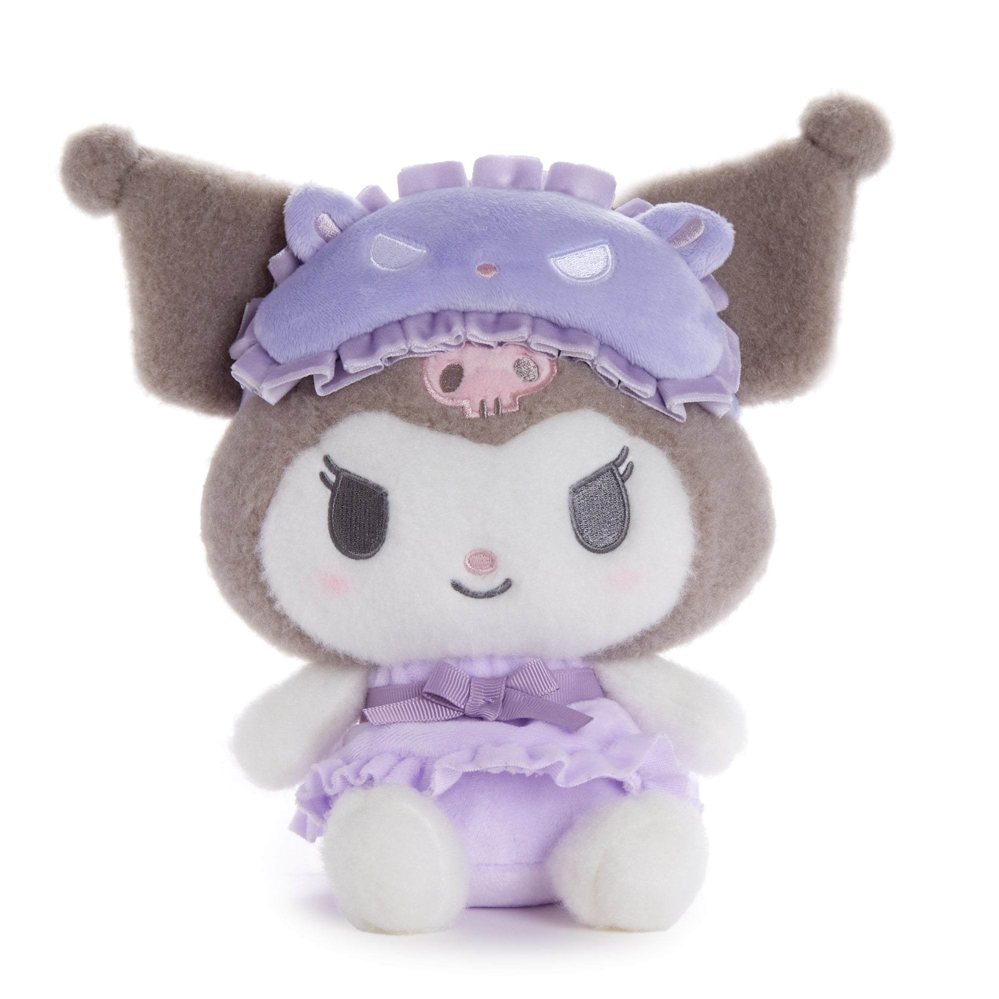 Front view of Kuromi plush toy with mocha pajamas and bow detail