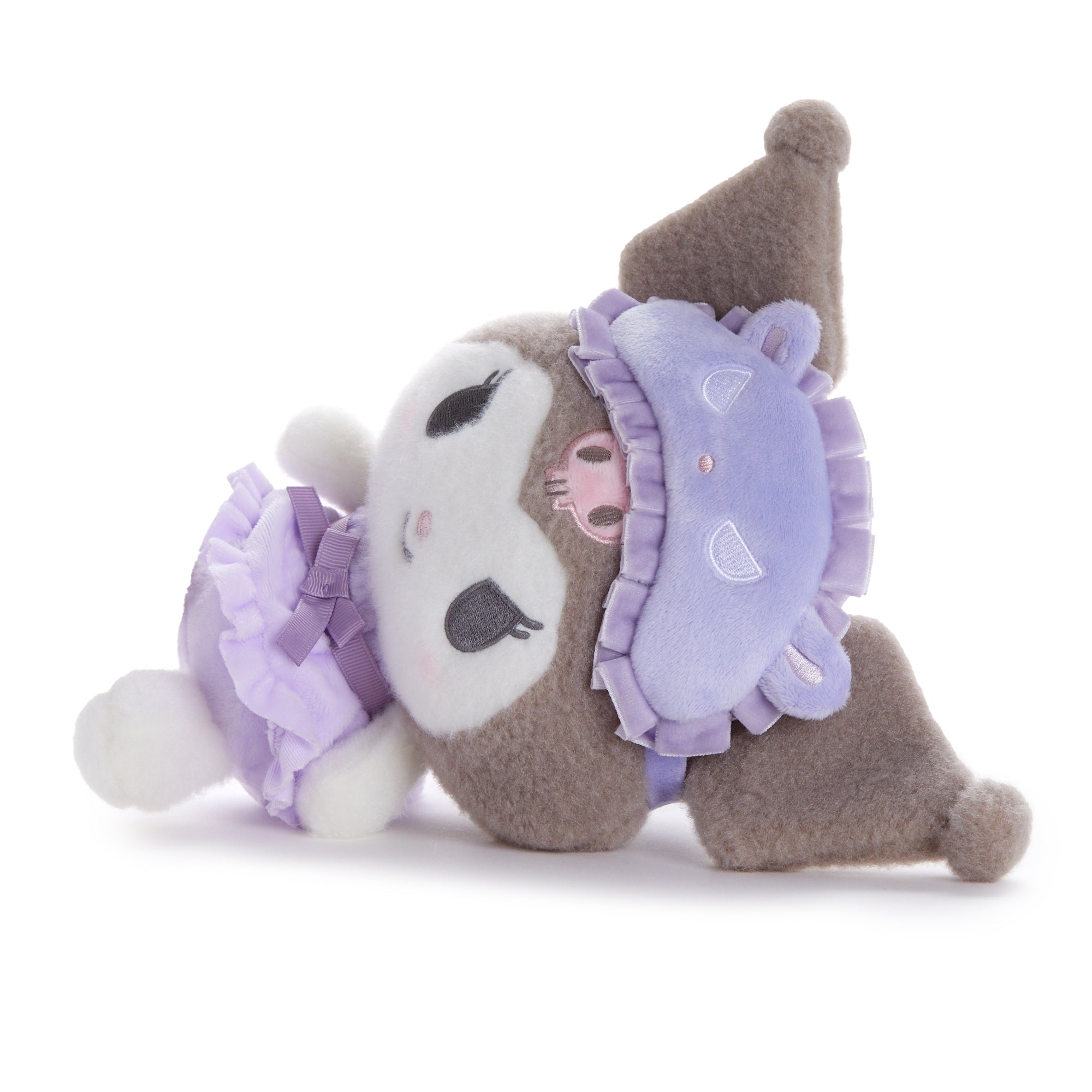 Front view of Kuromi plush toy with mocha pajamas and bow detail