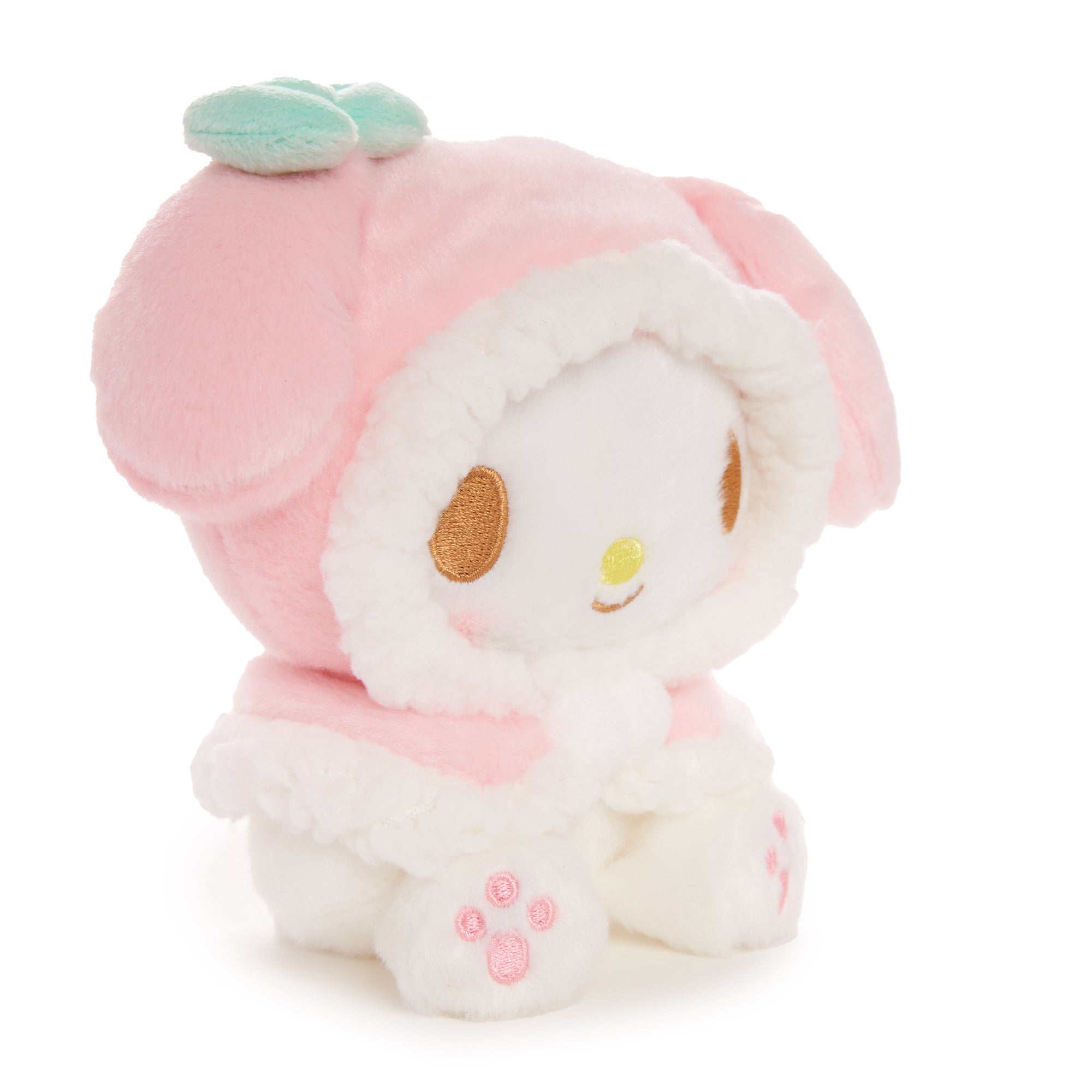 Close-up of My Melody plush’s embroidered face and winter accessories
