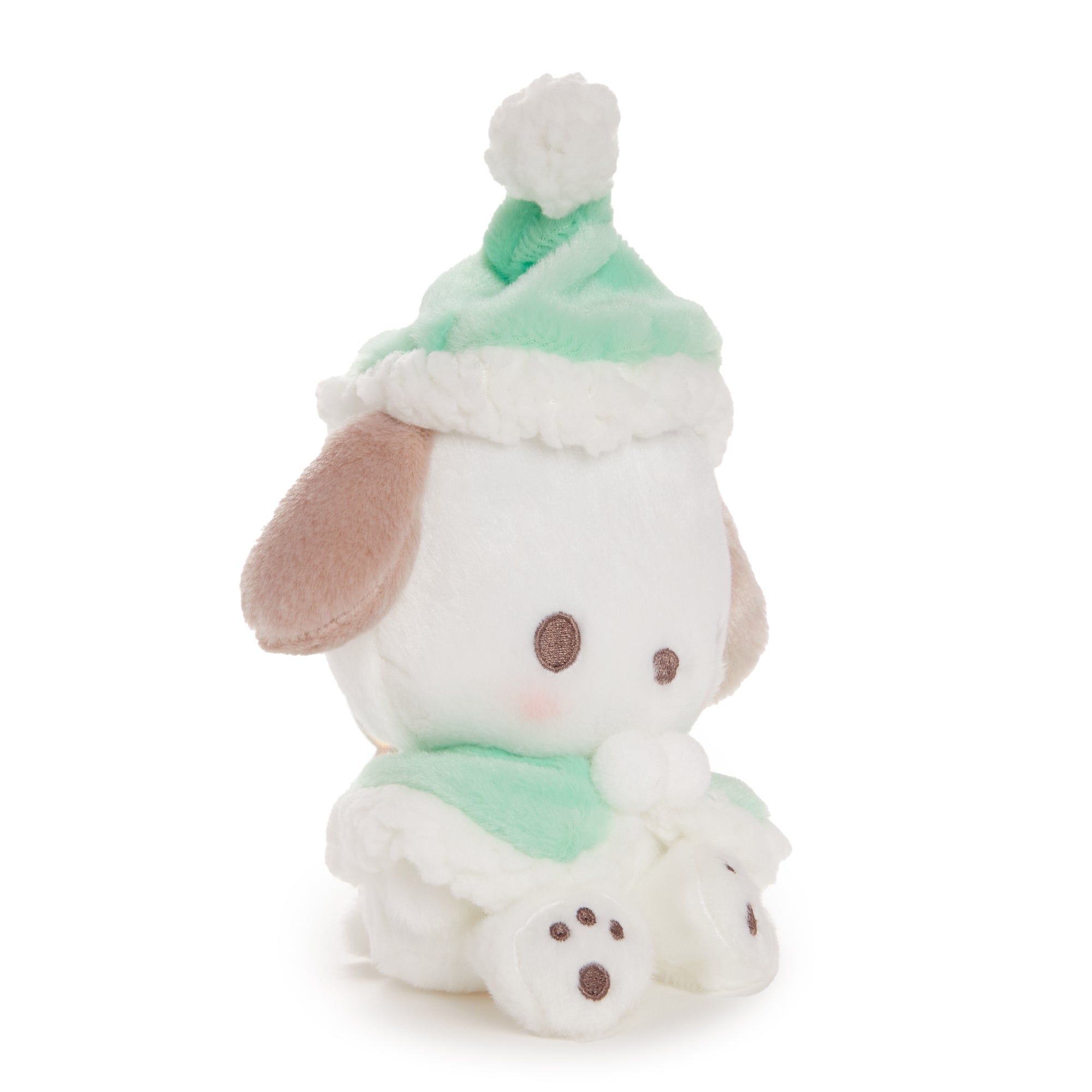 Pochacco Sanrio plush standing on a snowy surface, showcasing seasonal charm