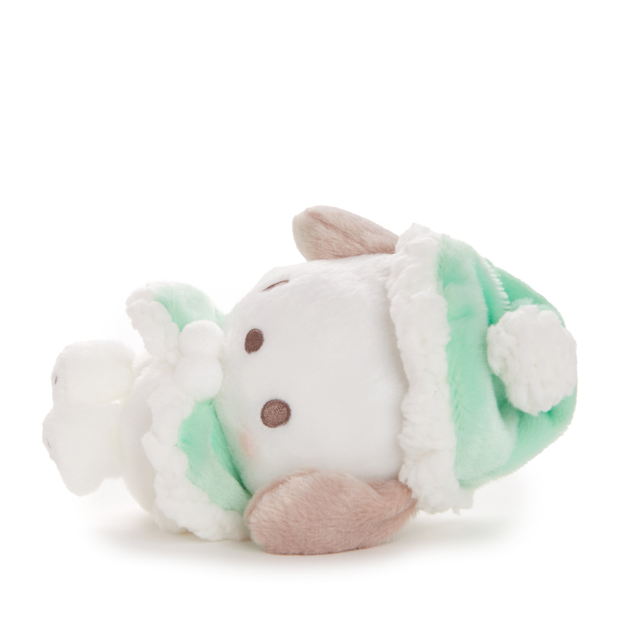 Pochacco plush toy with winter cape and pompom details, ideal for holiday decor