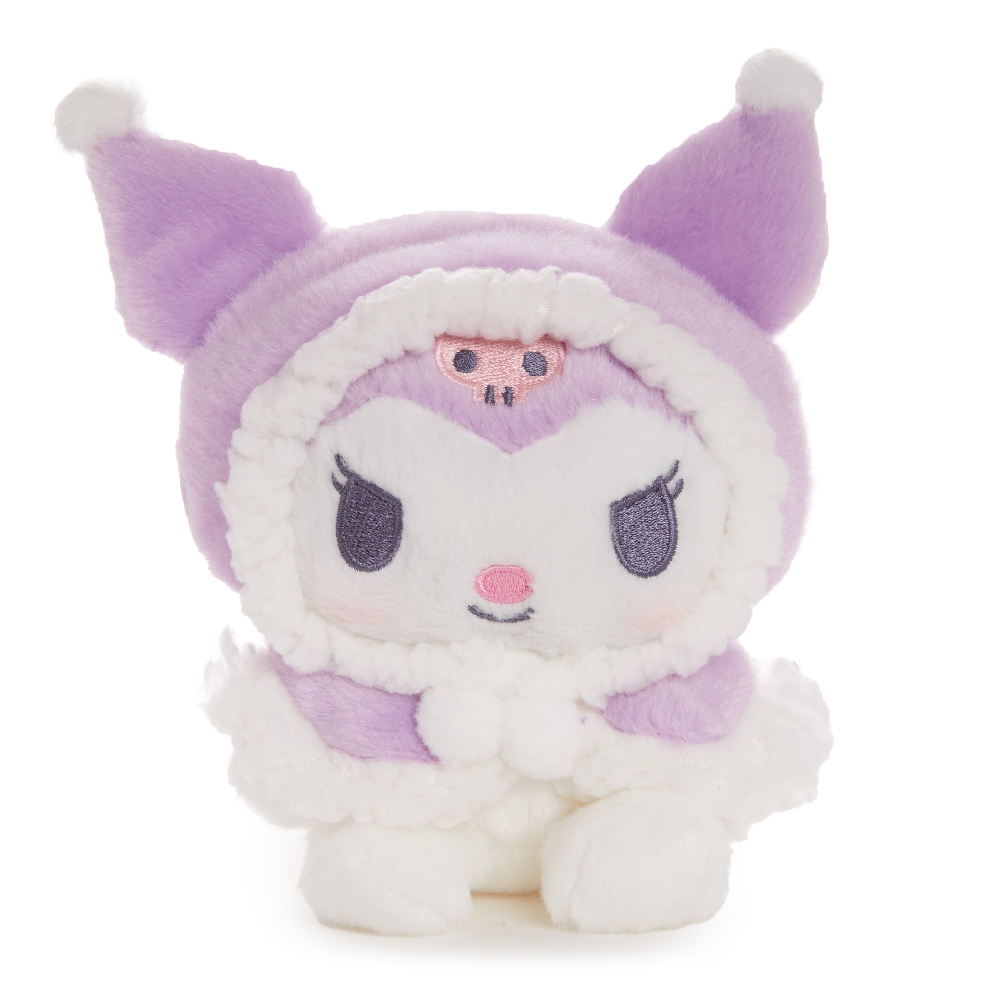 Kuromi plush wearing a cozy winter cap and cape, ideal for cuddling.