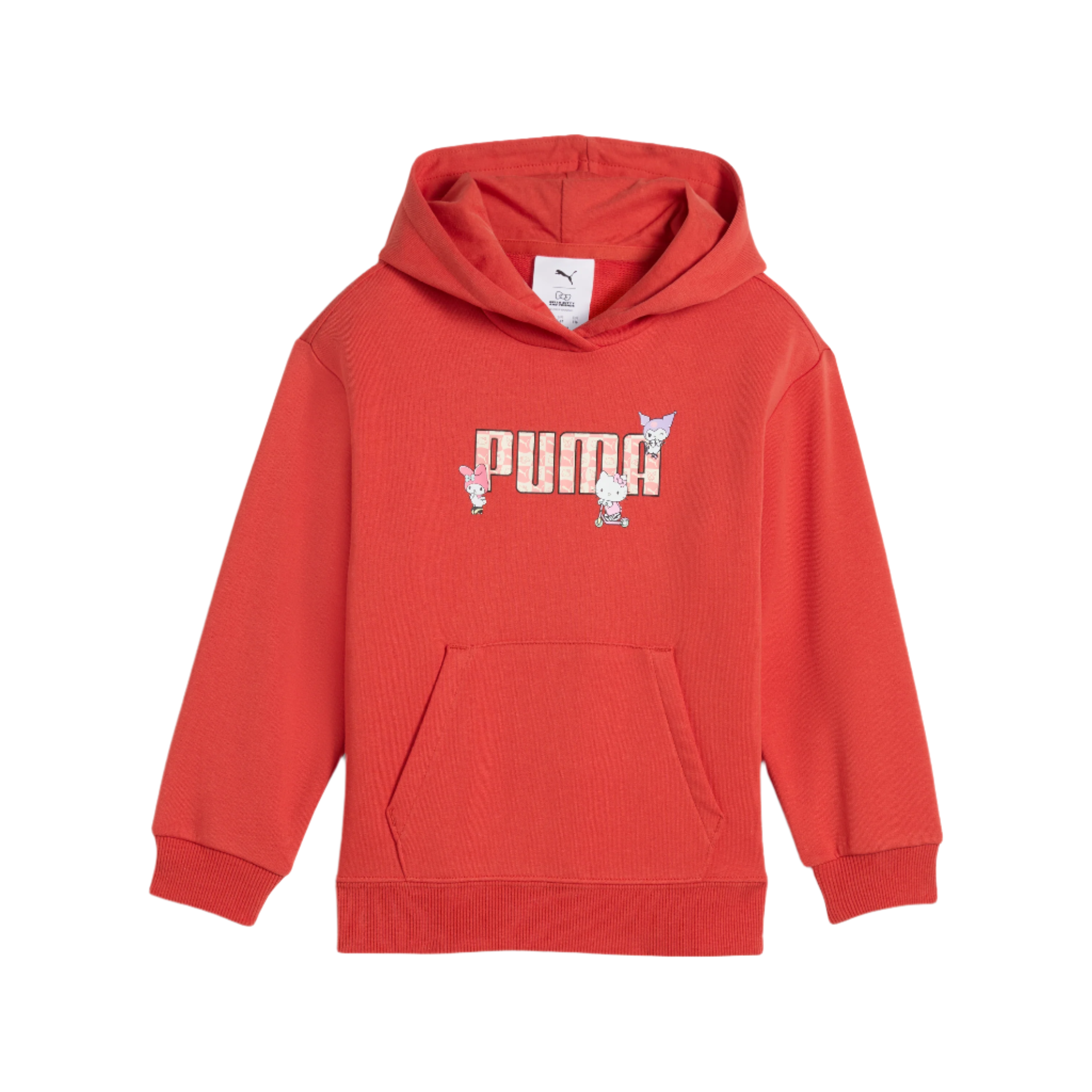 Front view of the Hello Kitty and Friends x PUMA kids hoodie in vibrant red with playful graphics