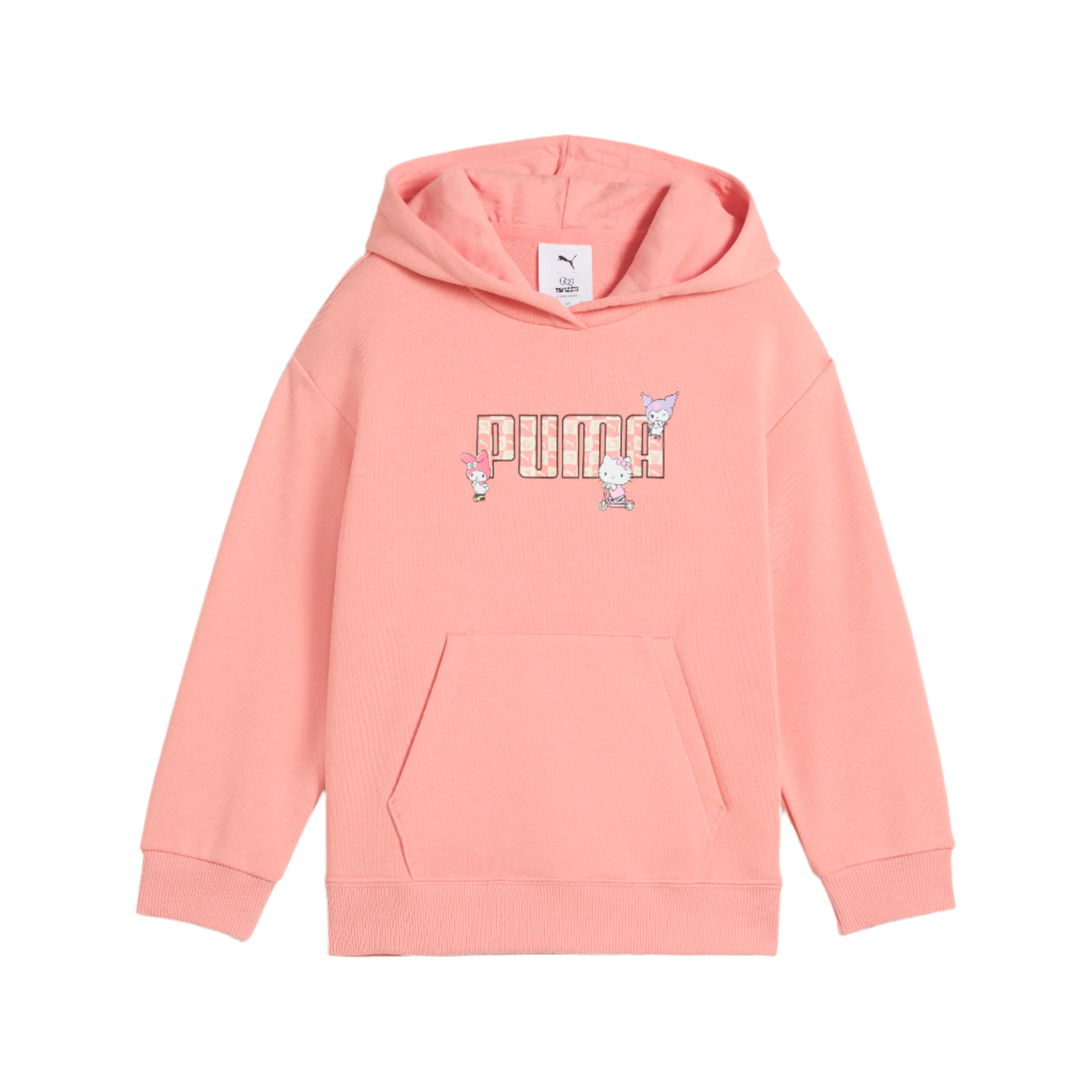 Close-up of Hello Kitty hoodie details showing bow and PUMA gradient print