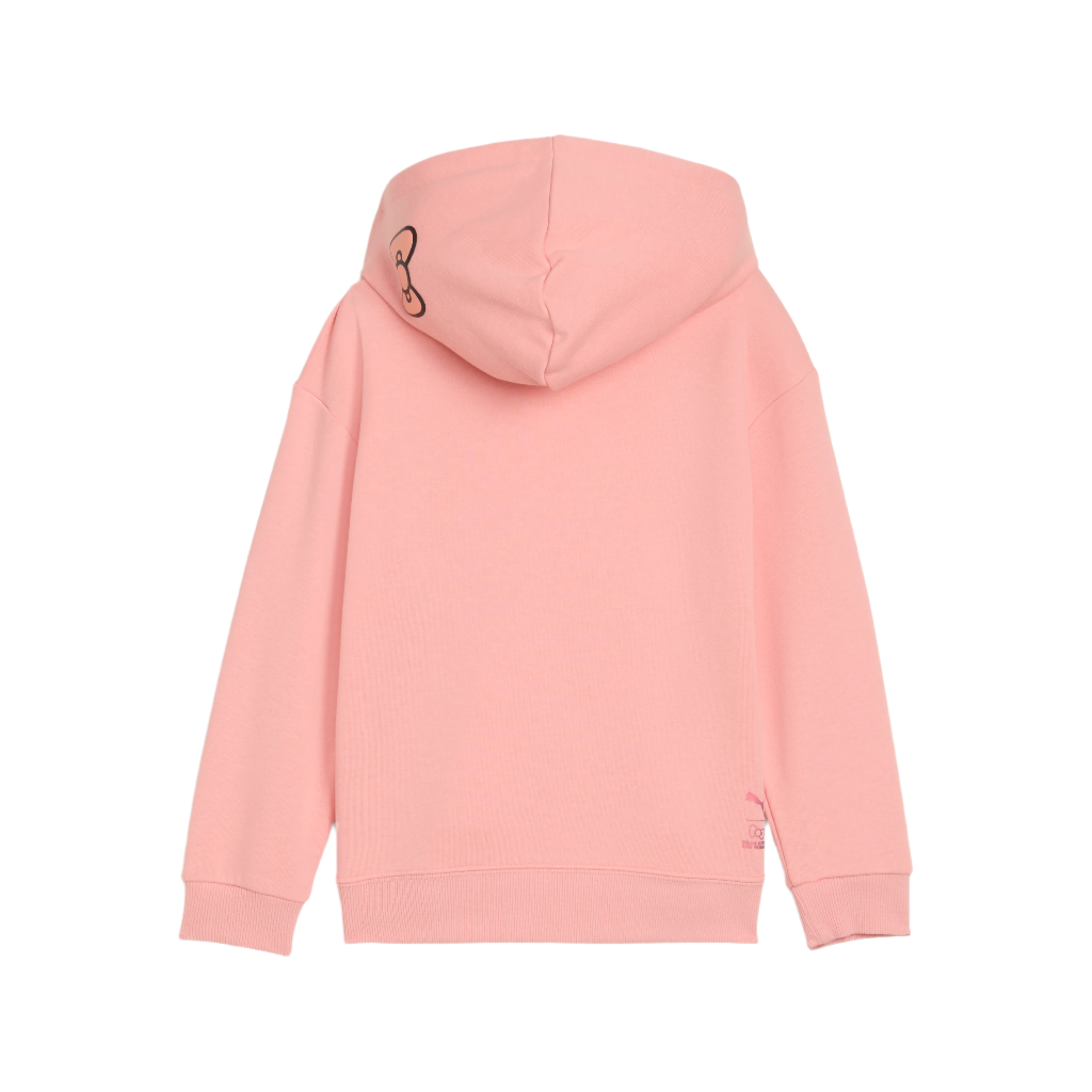 Child wearing PUMA x Hello Kitty pink hoodie in a playful setting