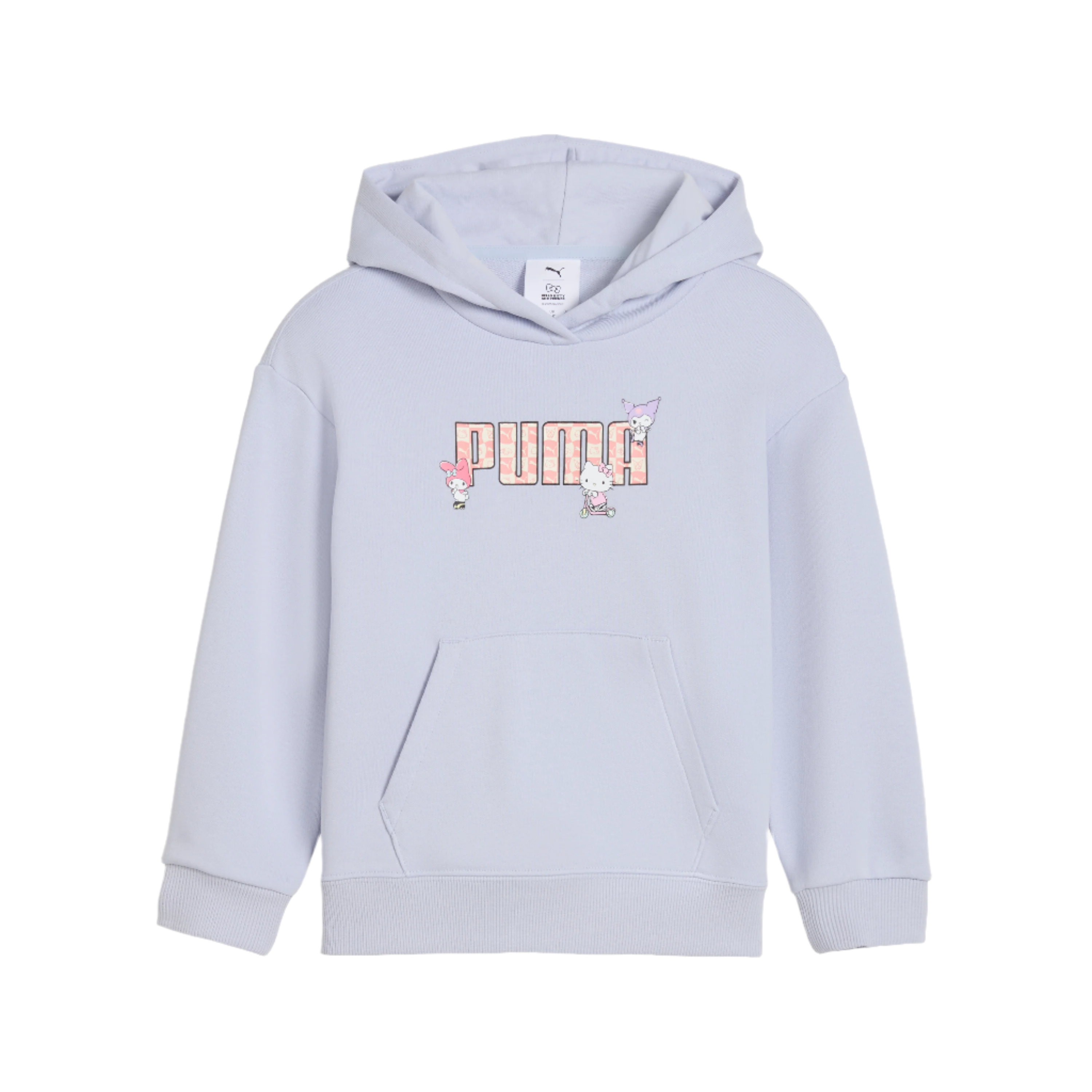 Front view of kids wearing Hello Kitty and PUMA hoodie with playful graphics