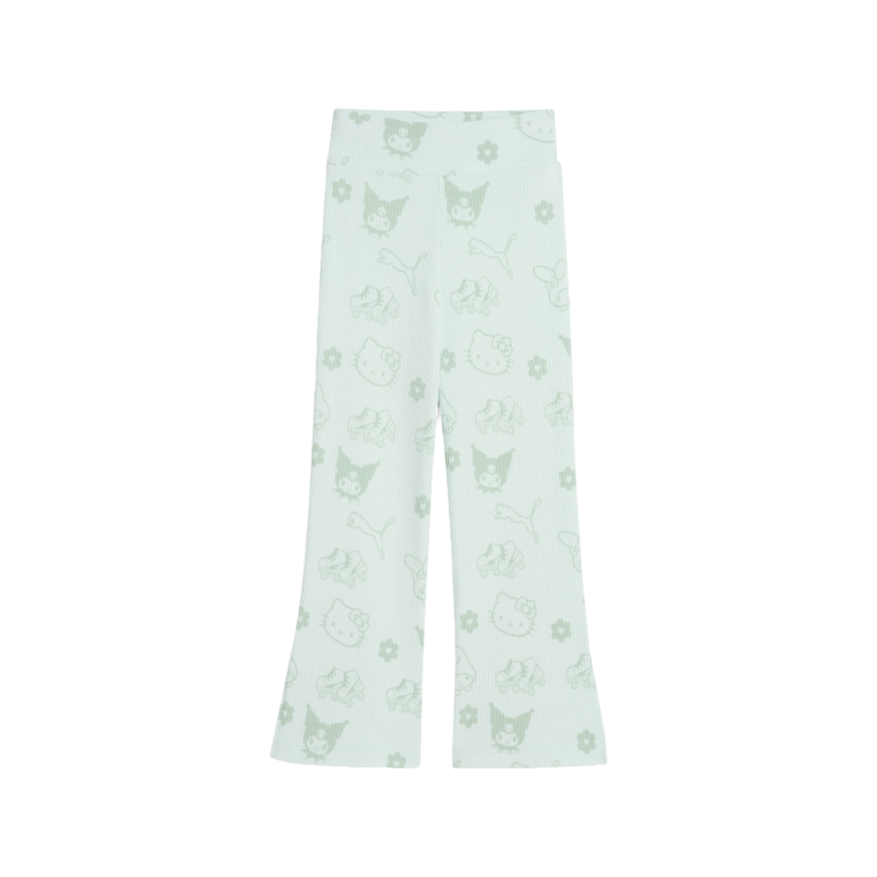 Close-up of PUMA Kids Hello Kitty leggings showing ribbed texture and blue print.