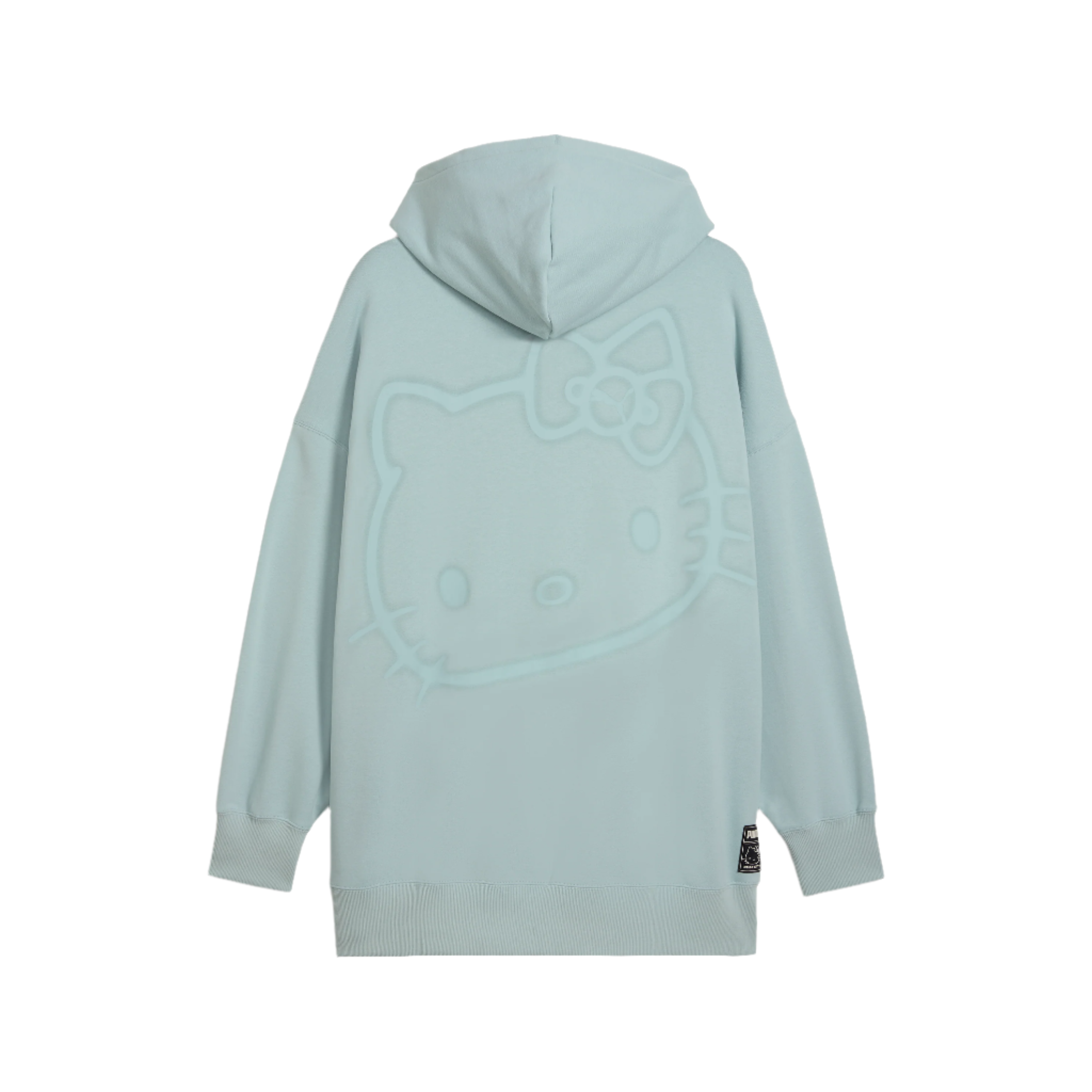 Front view of Hello Kitty x PUMA oversized hoodie in modern mint color.