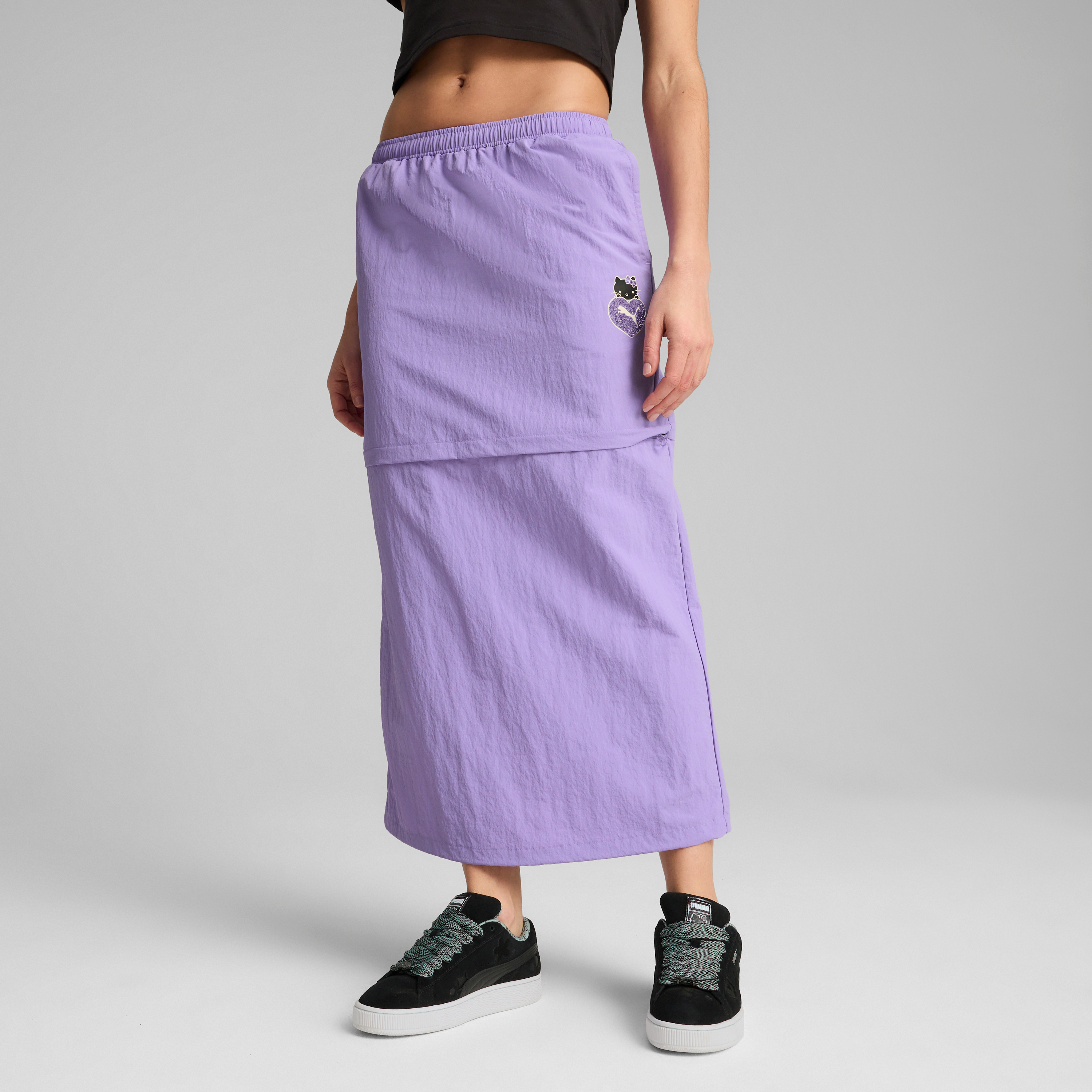 Hello Kitty x PUMA Maxi Skirt in Lavender Alert, front view with convertible skirt hem
