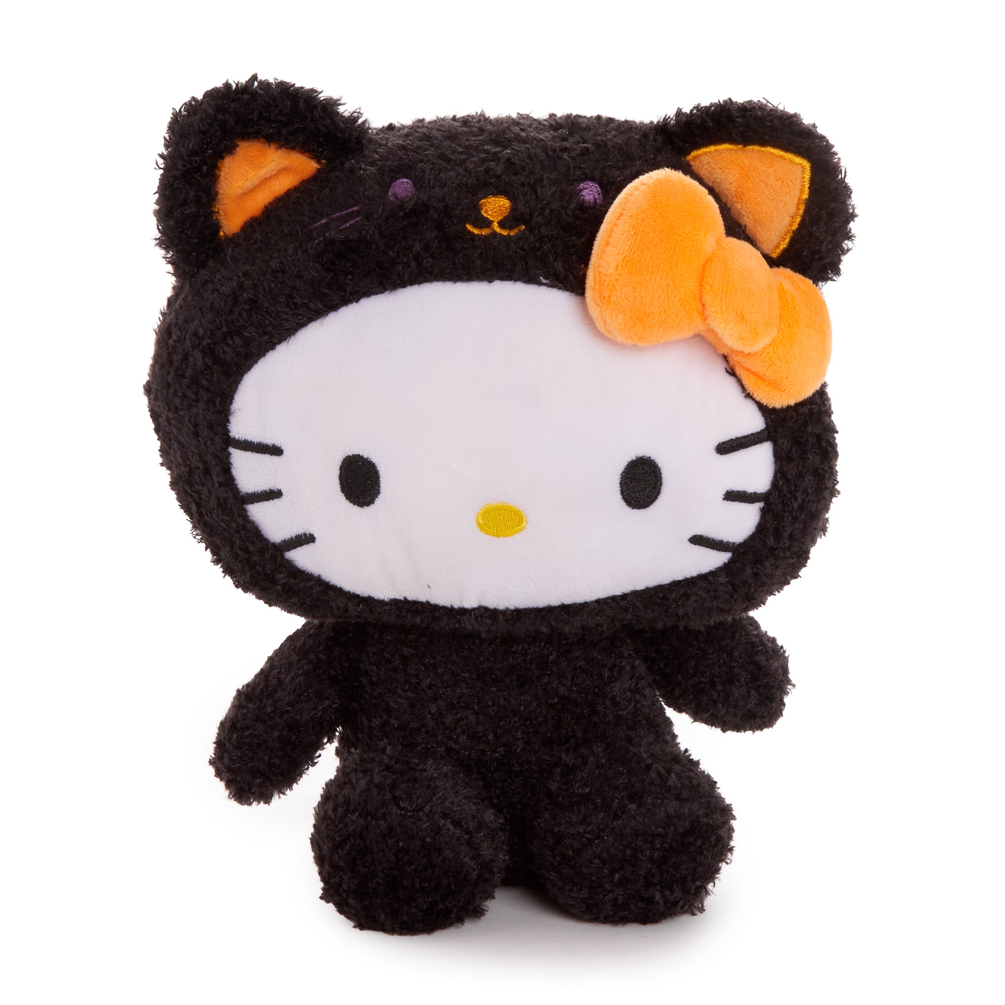 Cuddle-sized Hello Kitty black cat plush toy in a childs arms