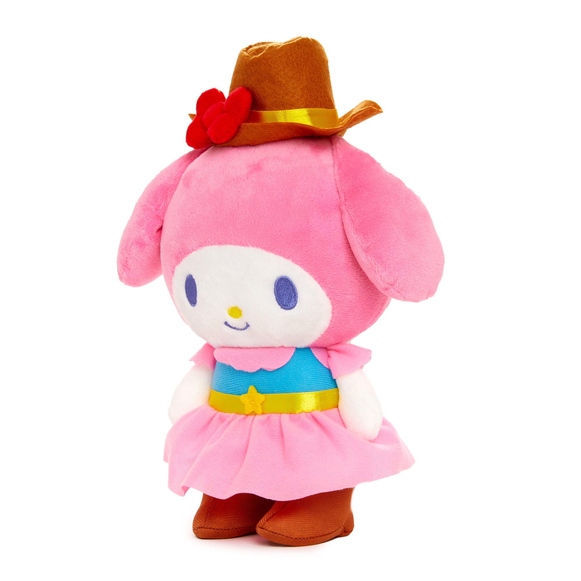 Side view of My Melody plush with cowboy hat and embroidered details.