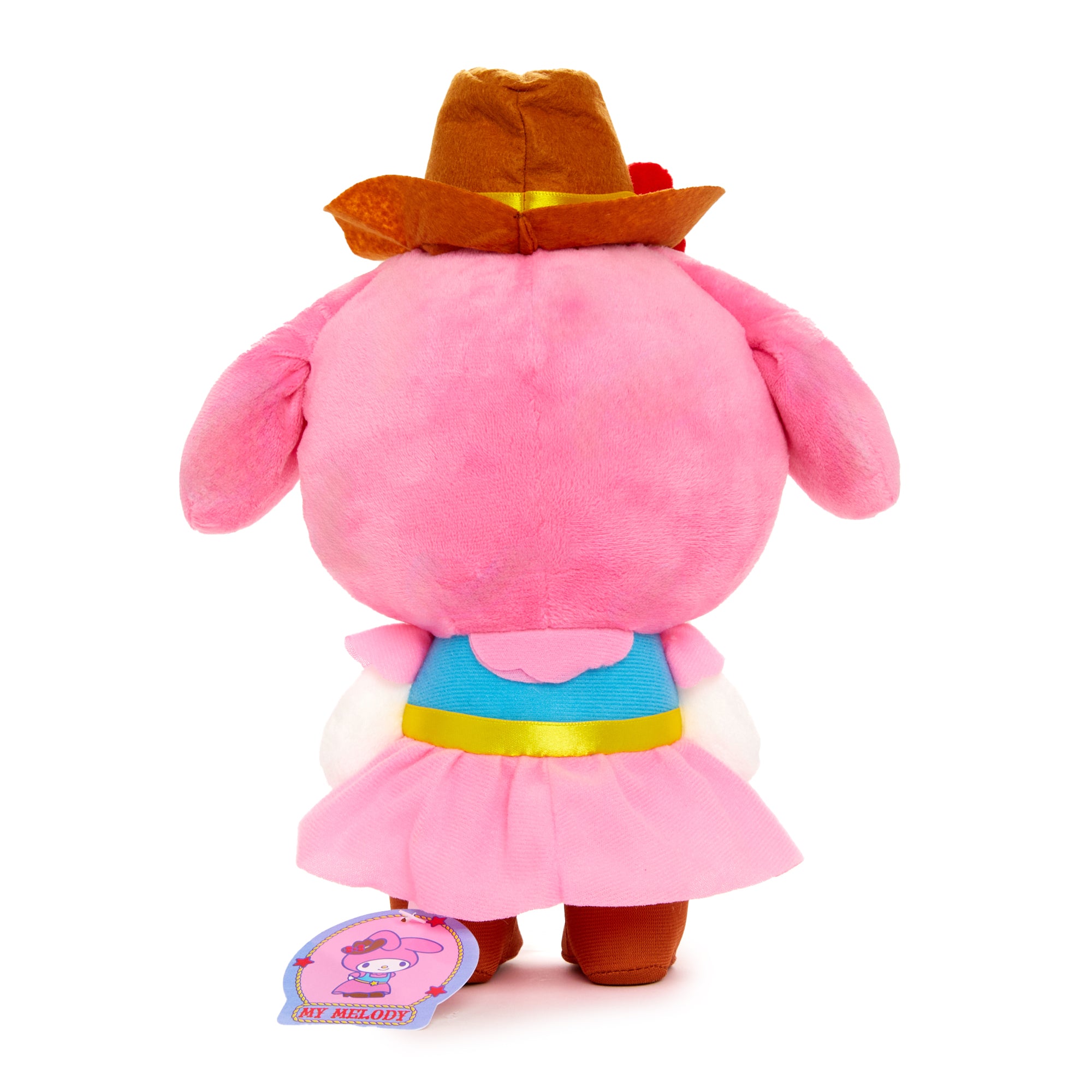 Front view of My Melody cowboy plush doll showcasing details.