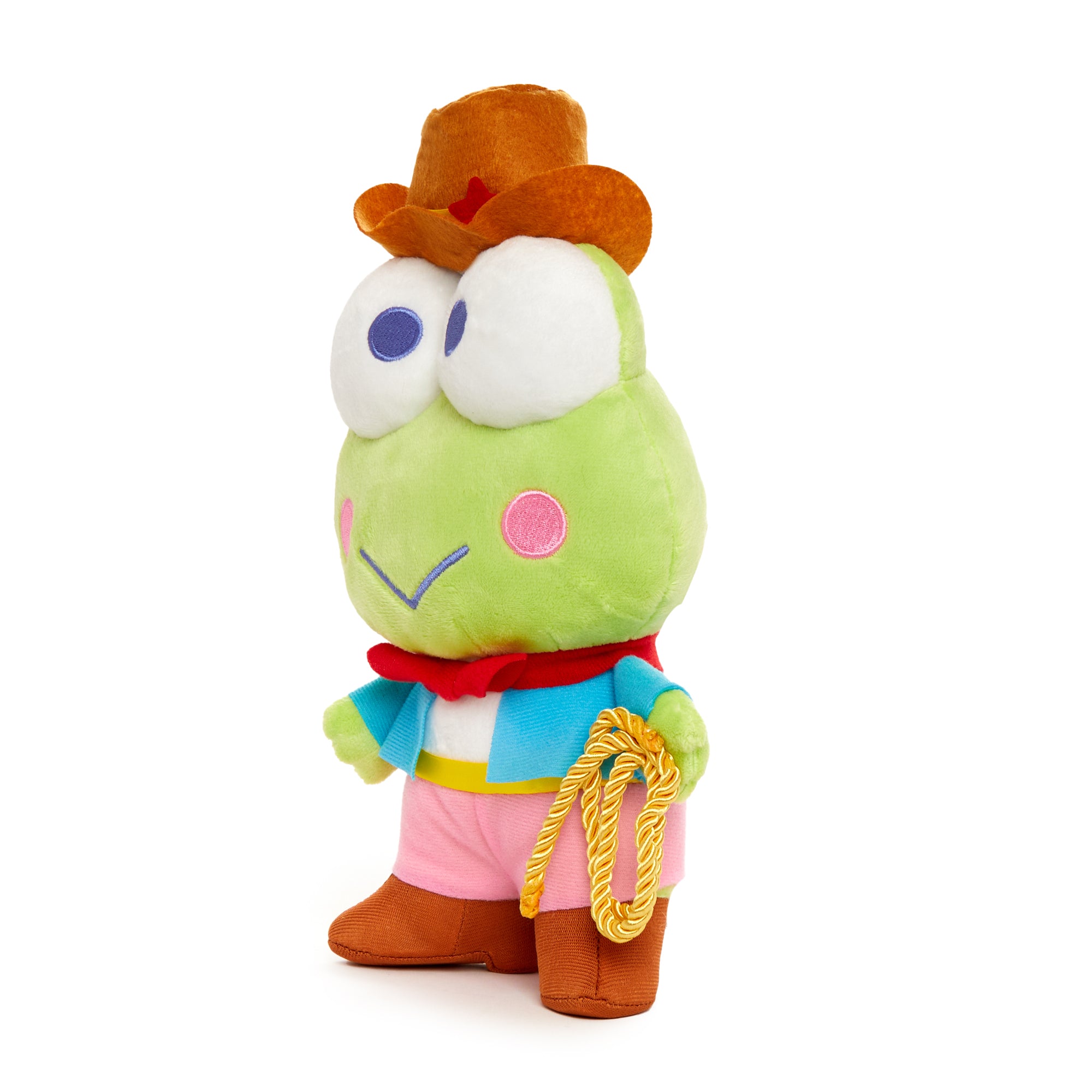Keroppi plush sitting in a western-themed setting, showcasing cowboy outfit