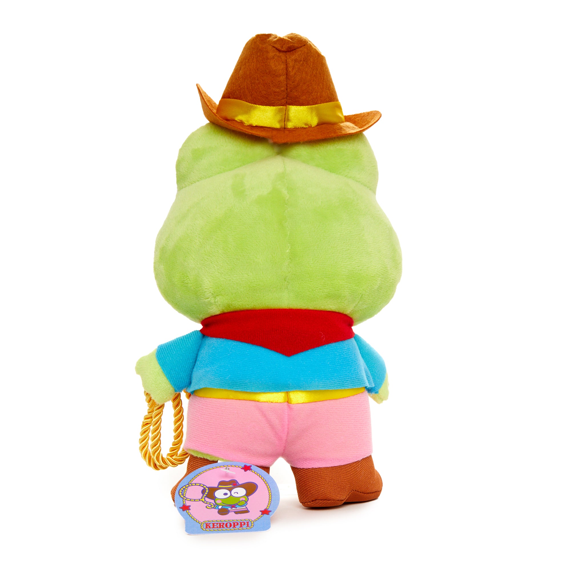 Keroppi plush sitting in a western-themed setting, showcasing cowboy outfit