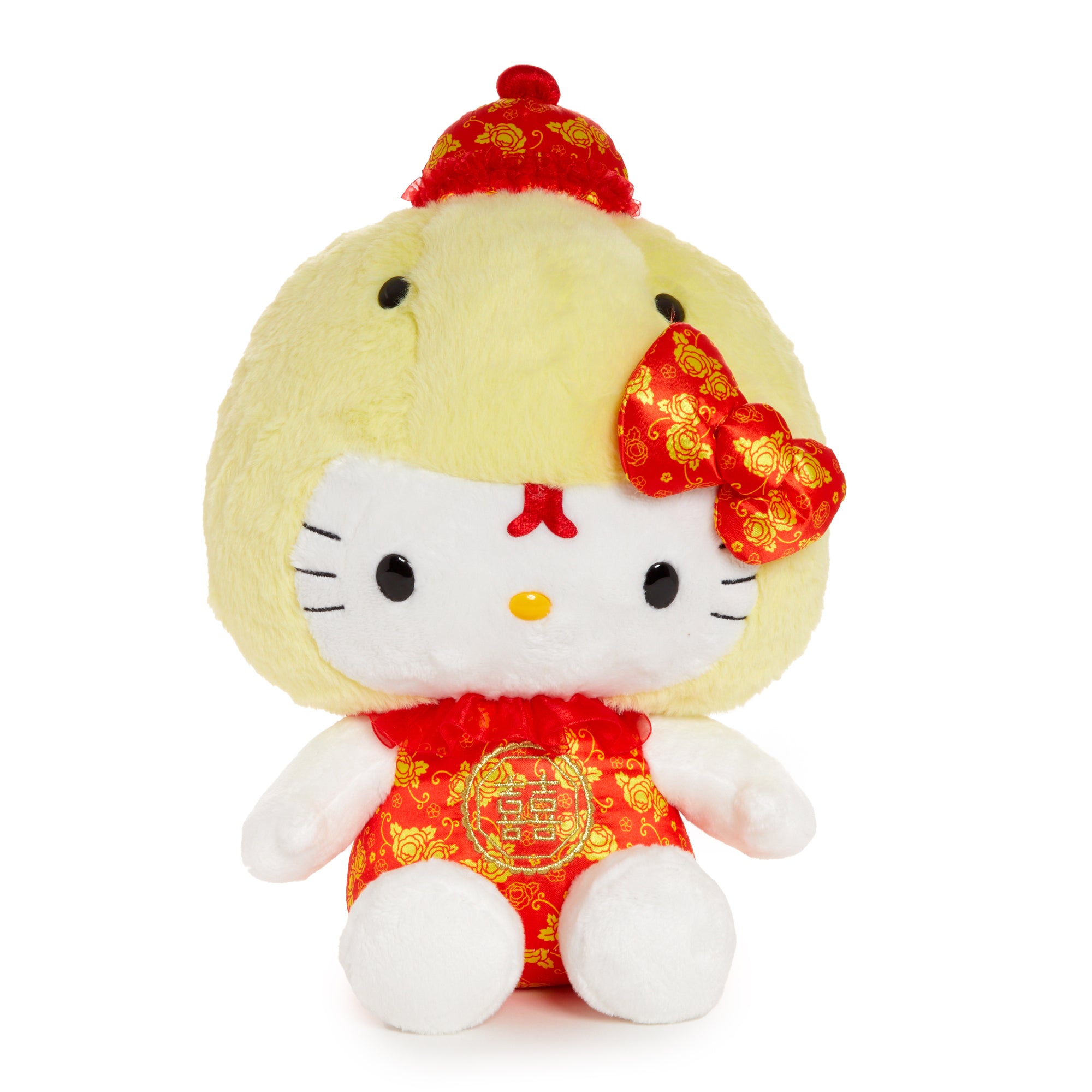 Front view of Hello Kitty plush doll in yellow with snake details.