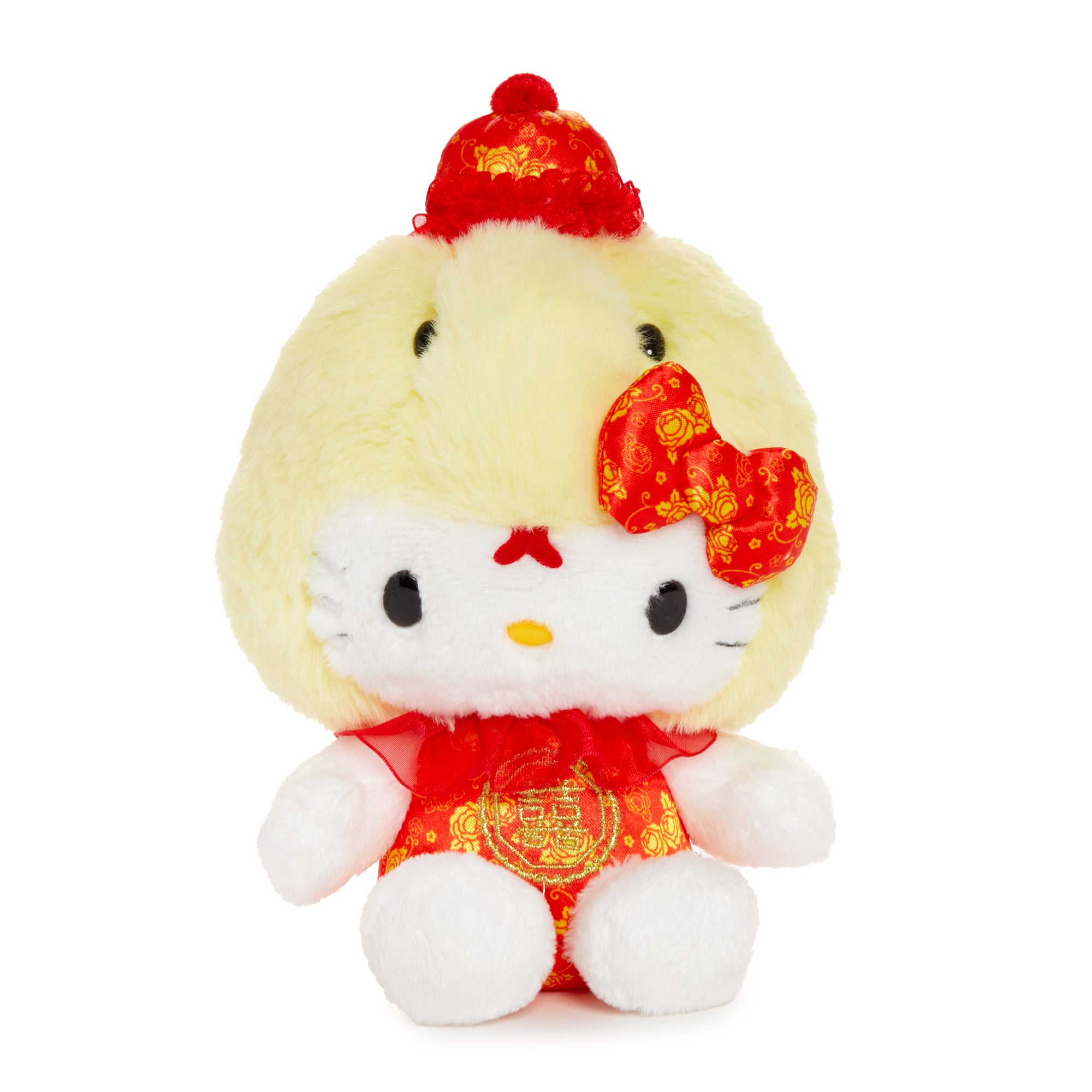 Close-up of Hello Kitty plush doll with snake-themed headdress and yellow plush fabric