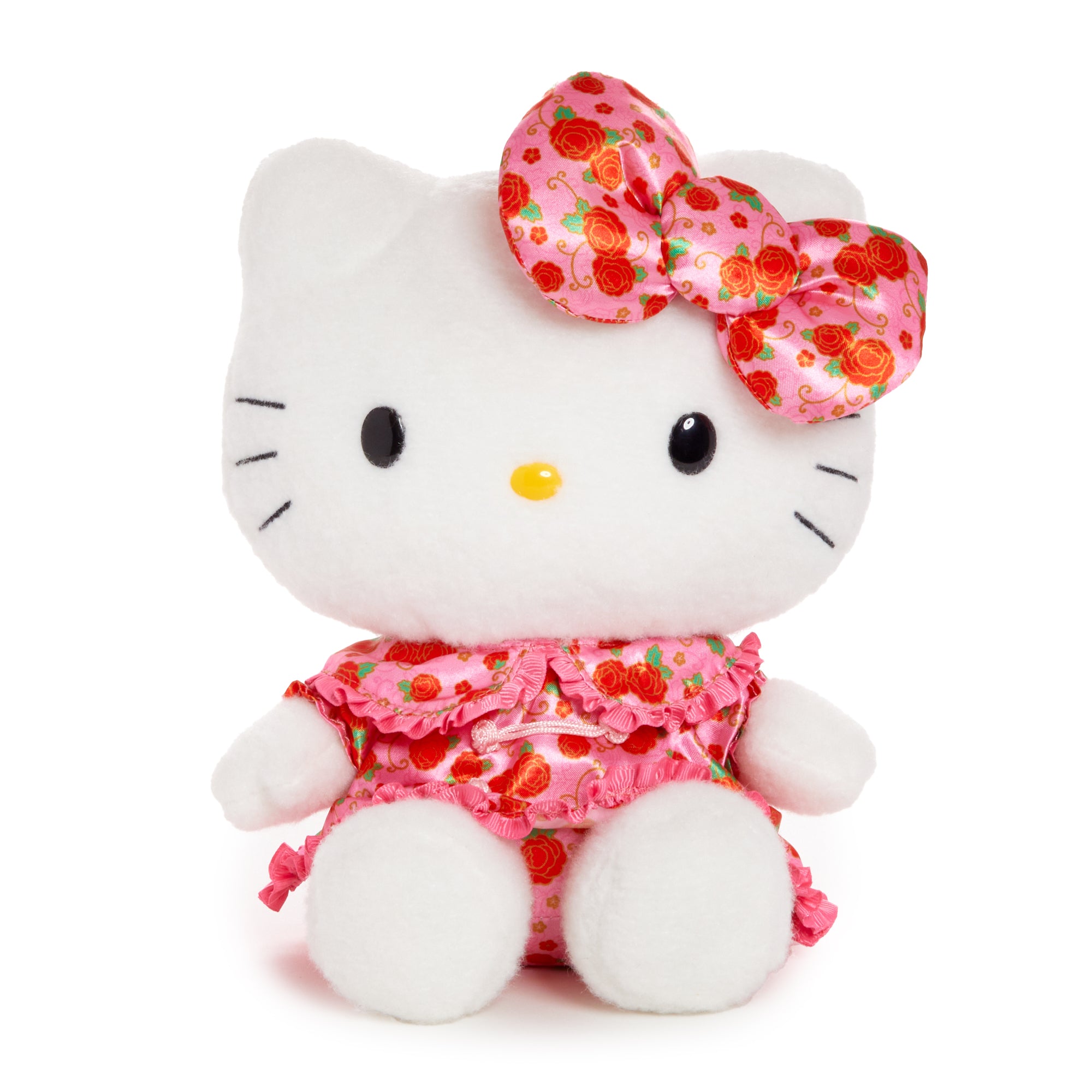 Close-up of Hello Kitty plush with floral satin dress, celebrating Lunar New Year