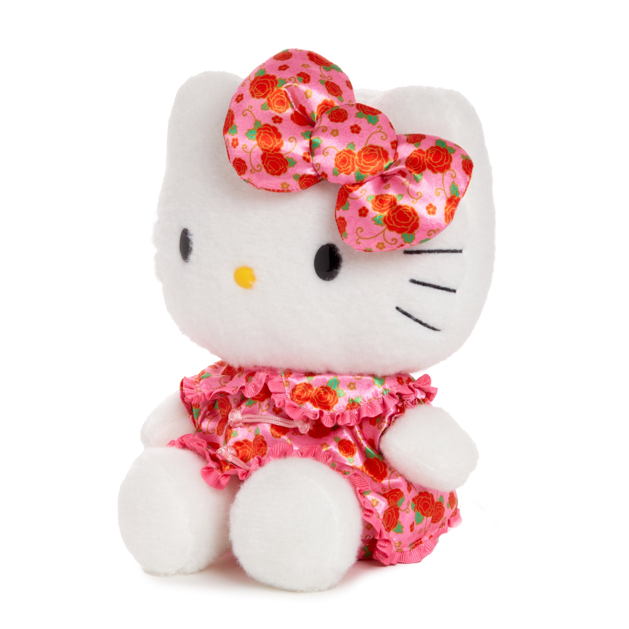 Hello Kitty plush holding a floral bouquet, ideal for festive gifting