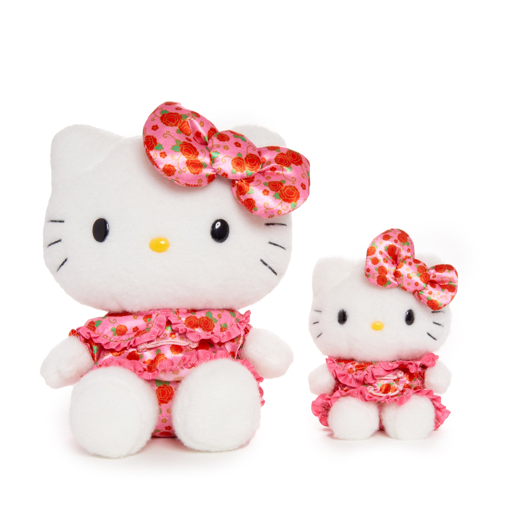 Close-up of Hello Kitty plush with floral satin dress, celebrating Lunar New Year